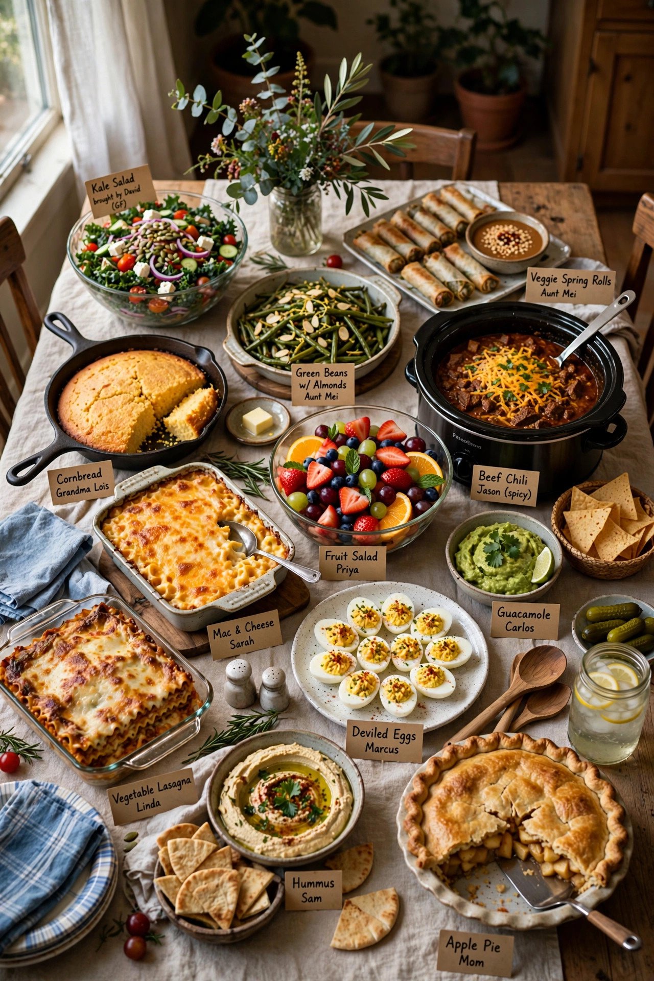 Potluck dinner table with dishes everyone brought