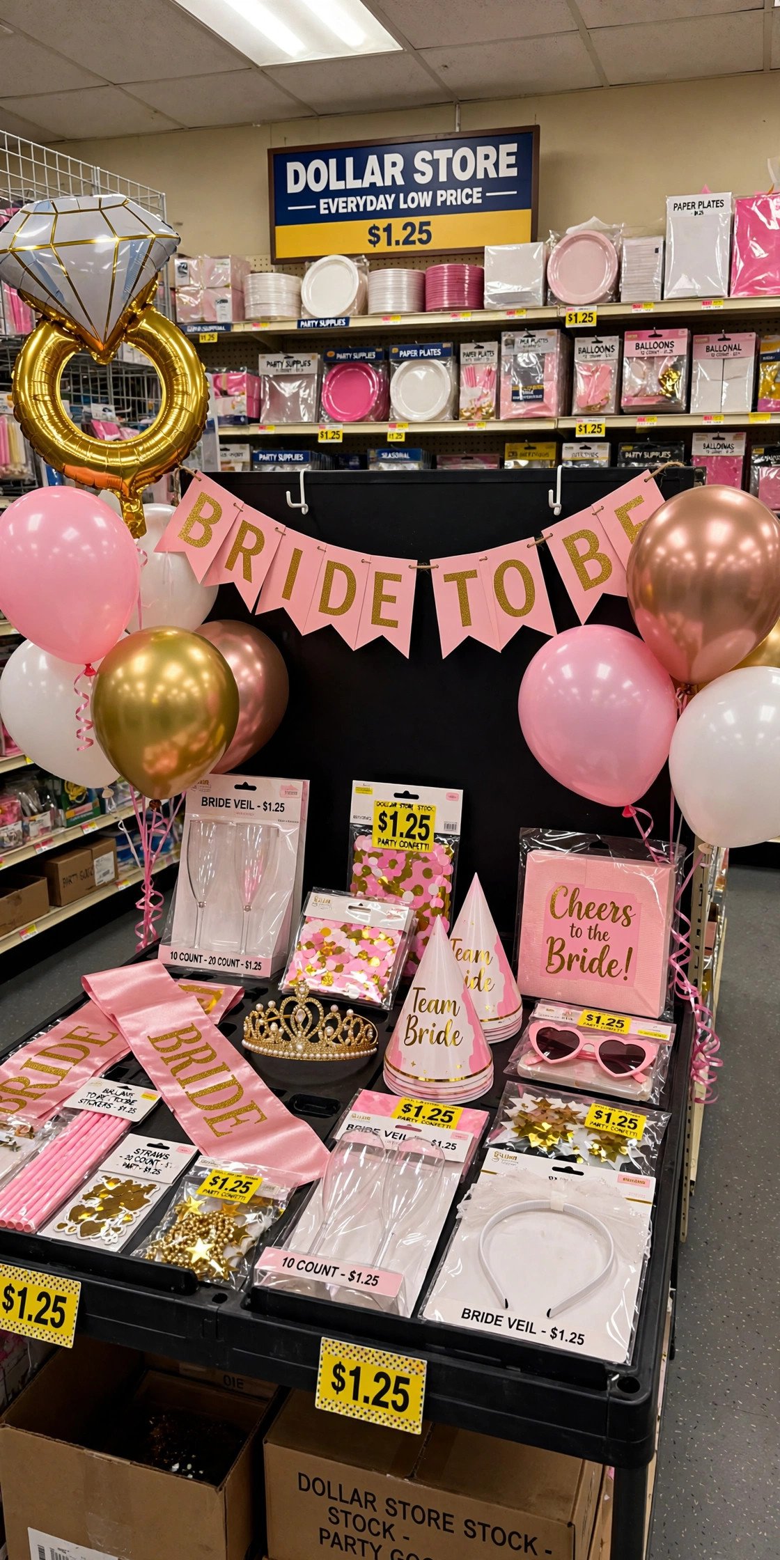 Dollar store bachelorette decorations with balloons and banners