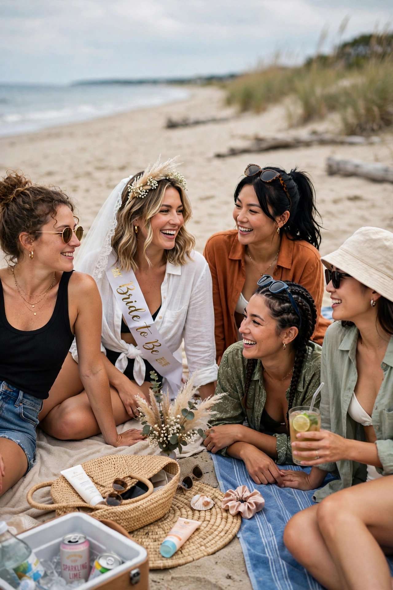 Bachelorette group relaxing on a free beach day