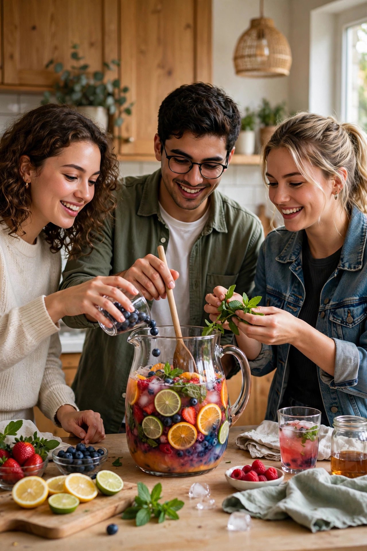 Friends mixing colorful mocktails in a glass pitcher at home