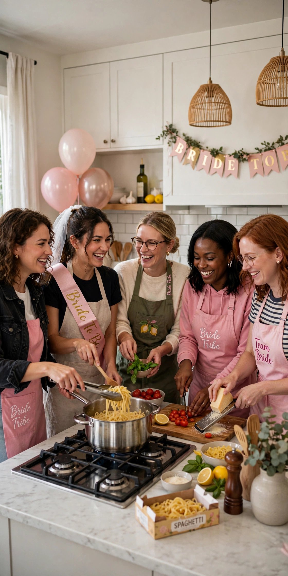 Bachelorette group cooking pasta together in a kitchen