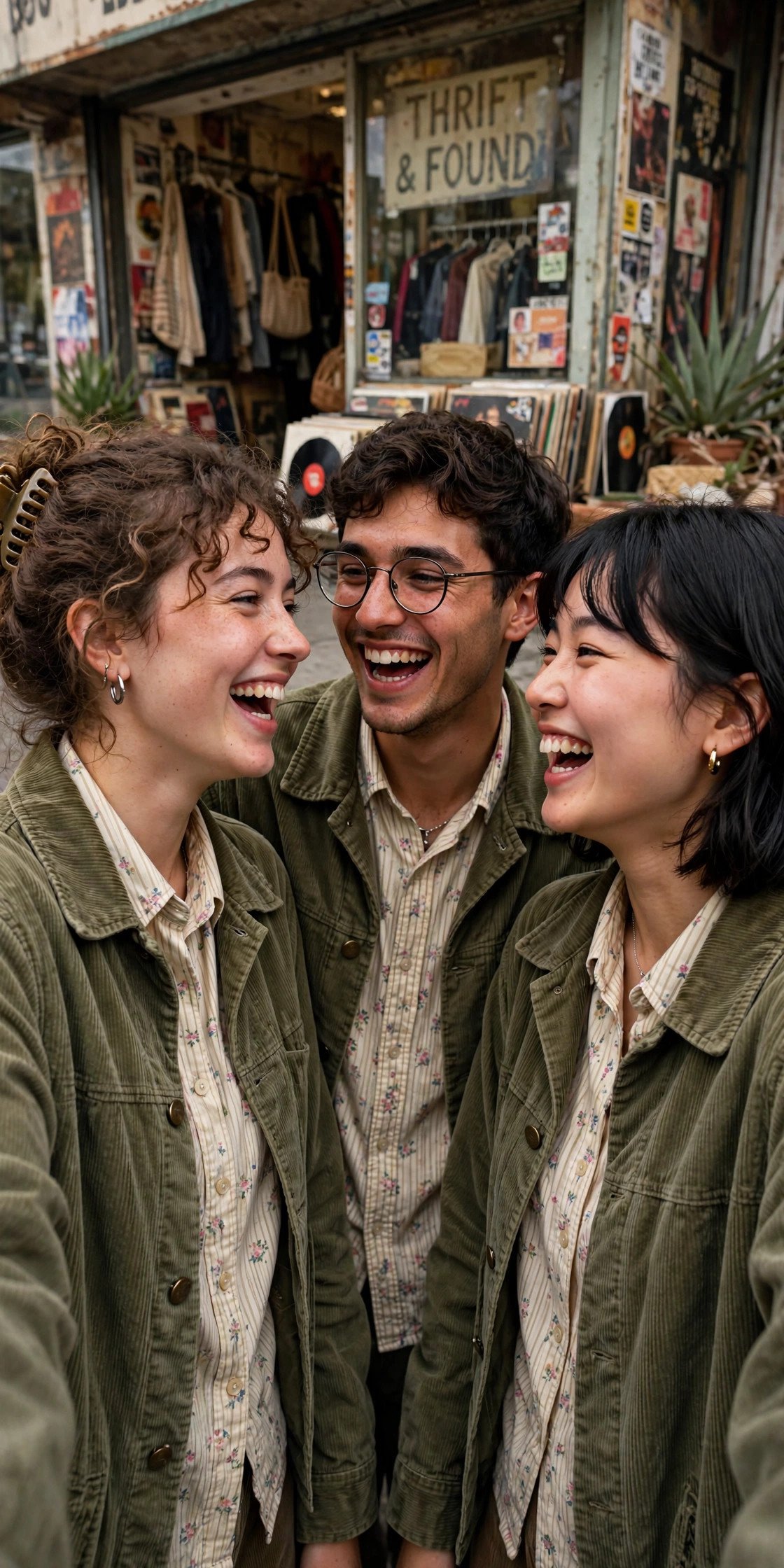 Friends in thrifted matching outfits laughing together