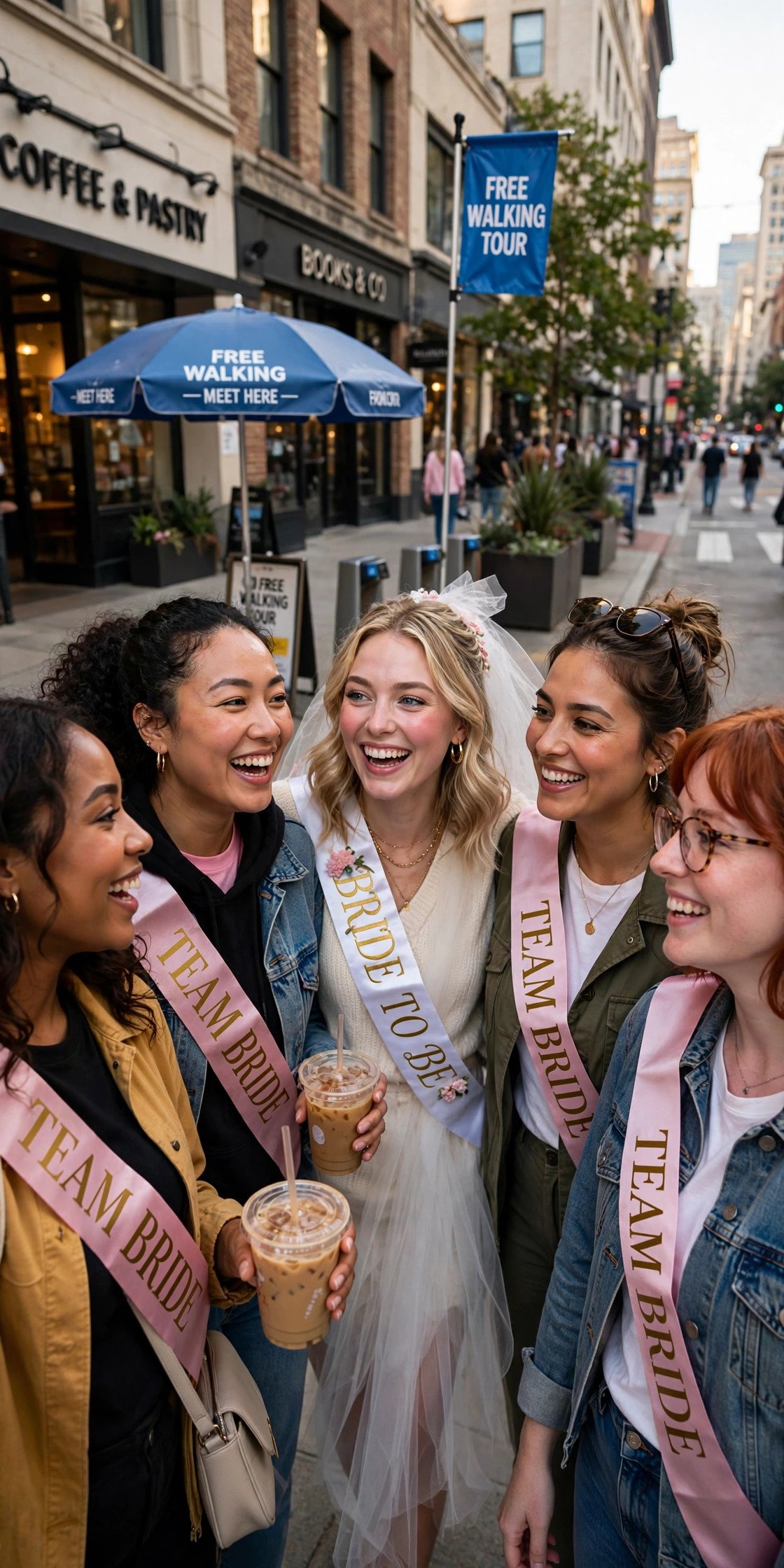 Bachelorette group on a free walking tour downtown
