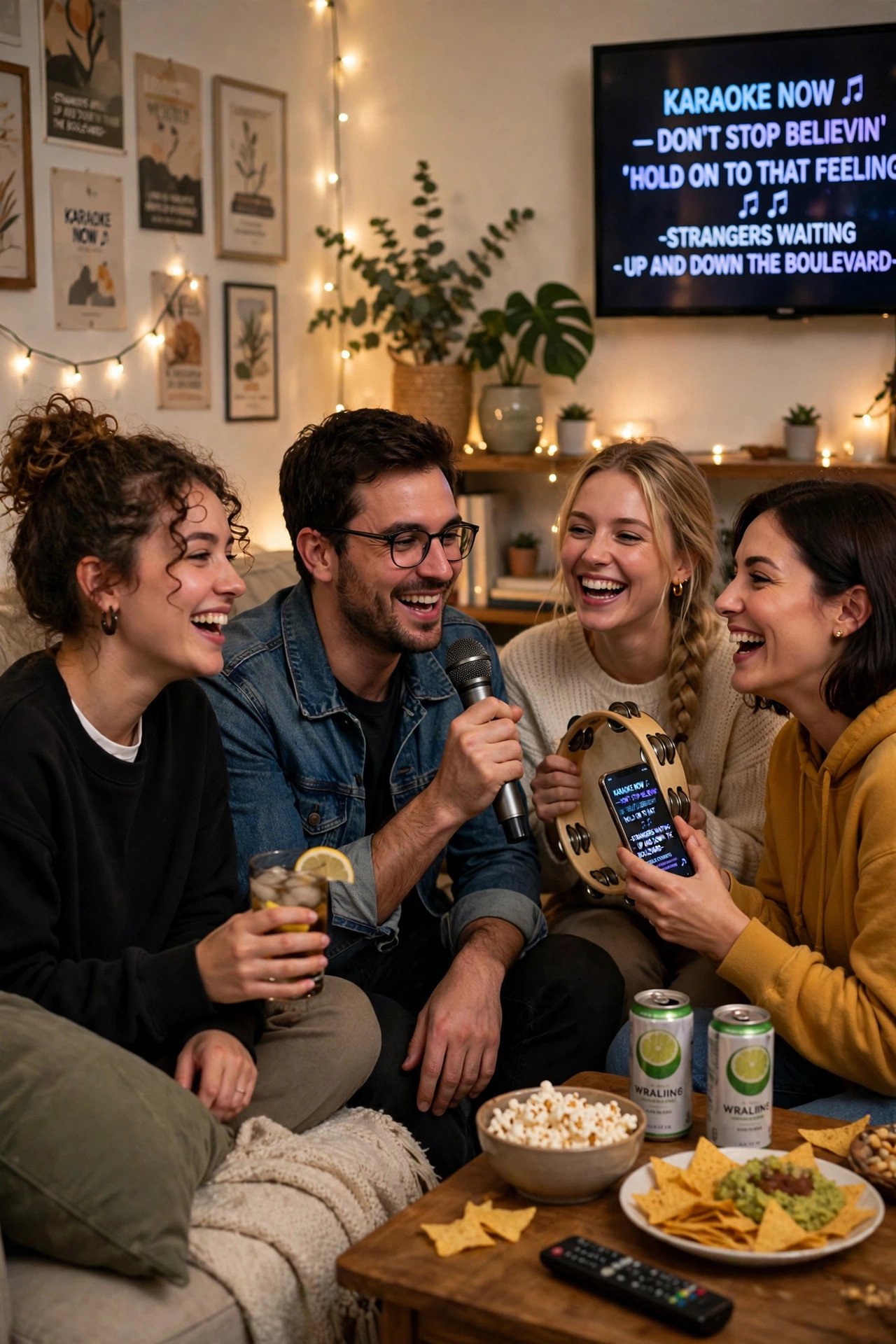 Friends doing karaoke at home with a microphone