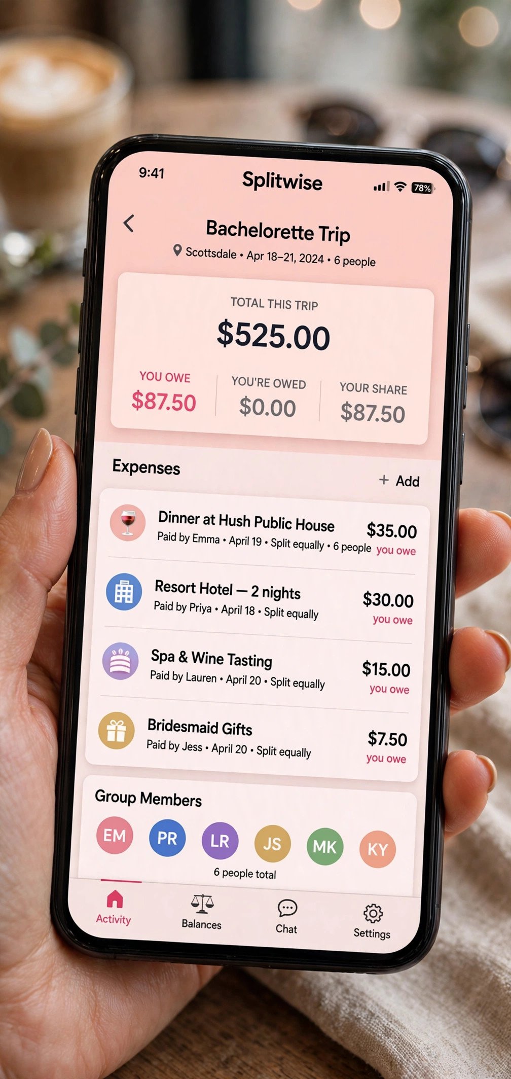 Phone showing a cost splitting app for bachelorette expenses
