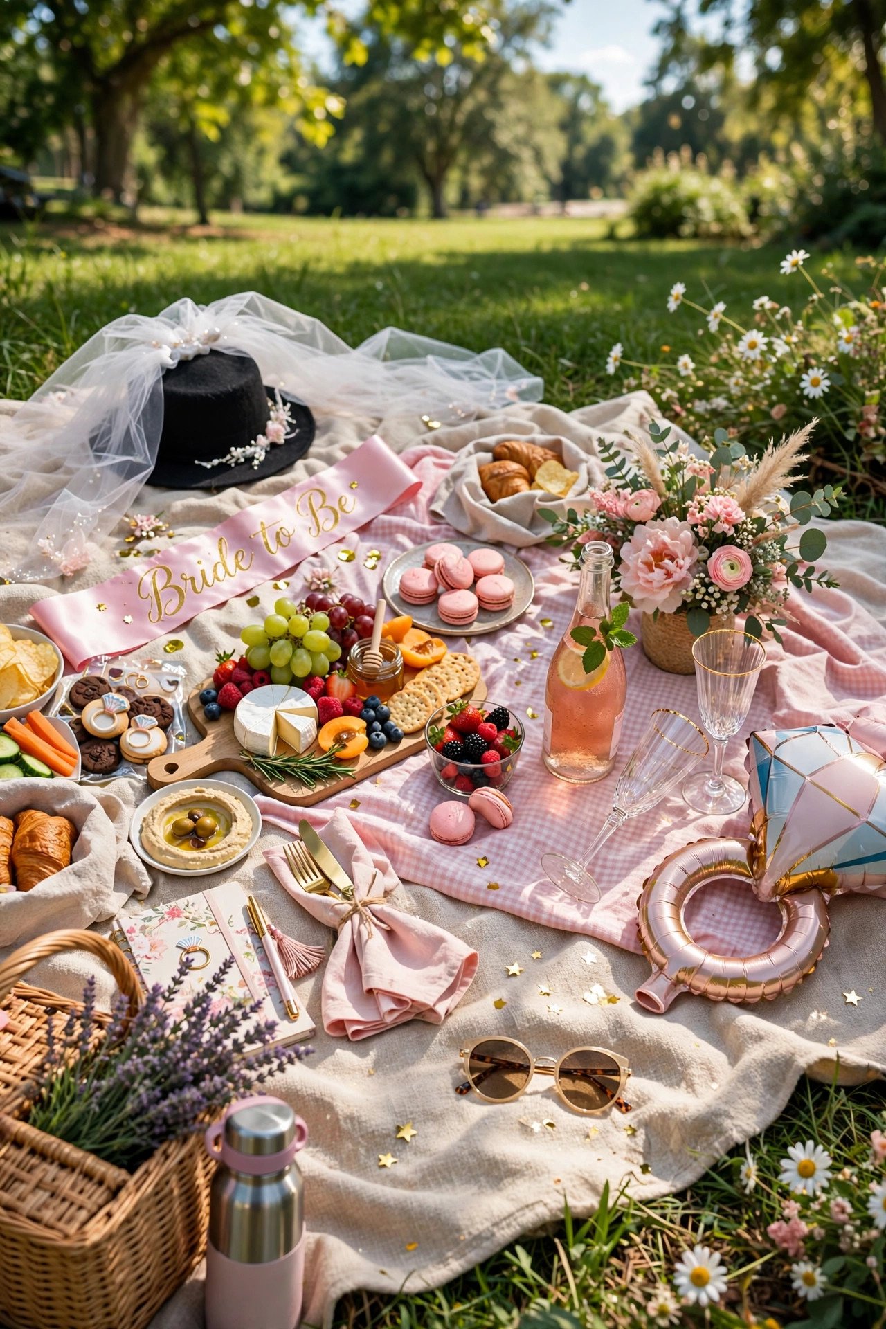 Bachelorette picnic spread on blankets in a sunny park