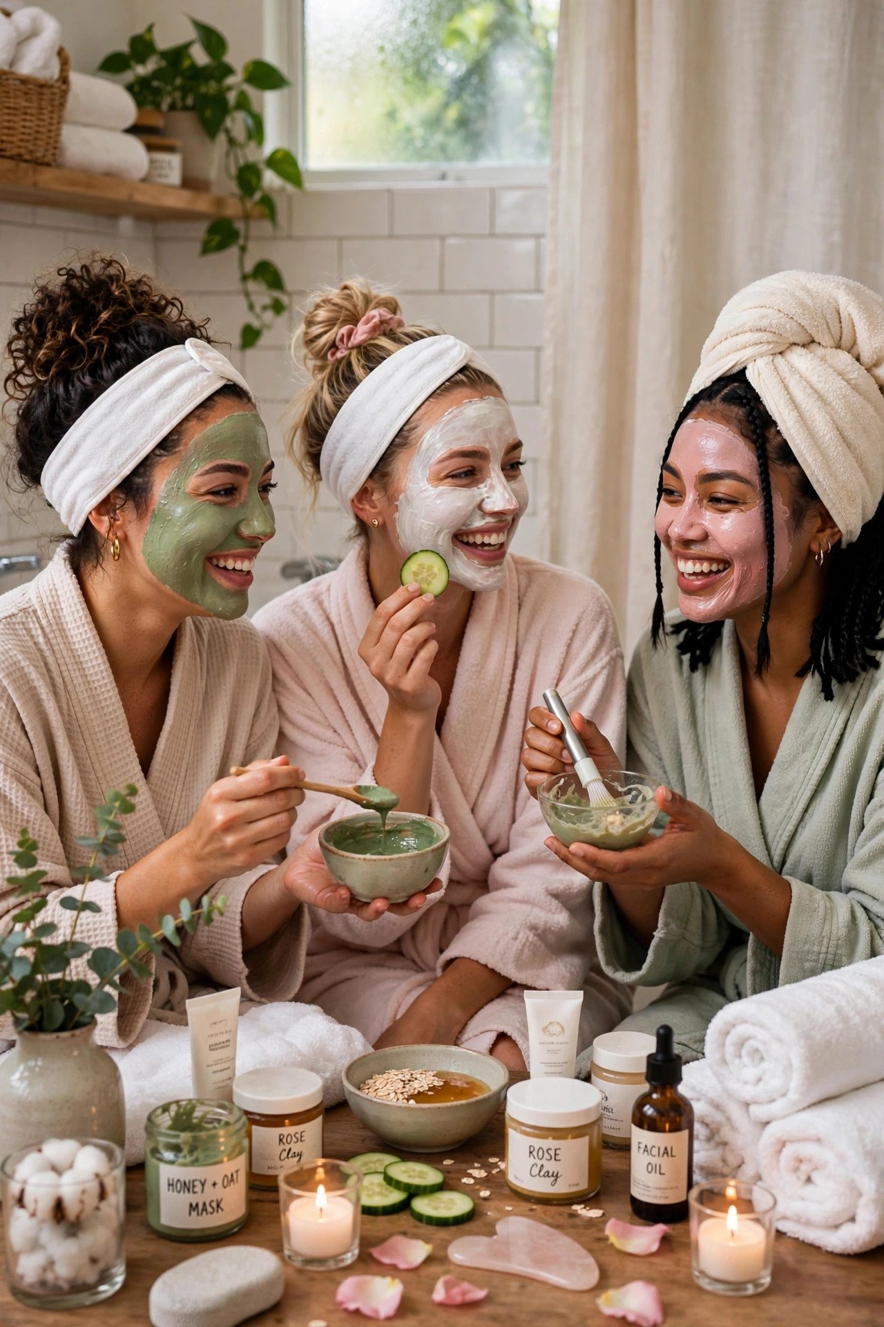 Friends doing DIY facials and spa treatments at home