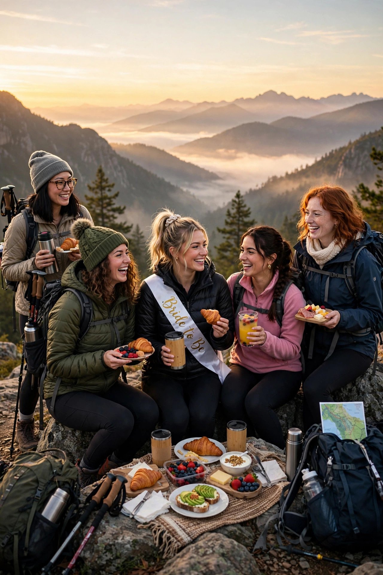 Bachelorette group hiking at sunrise with brunch afterwards