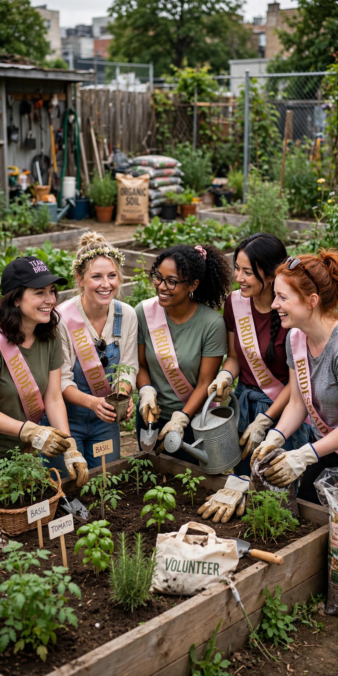 Bachelorette group volunteering at a community garden