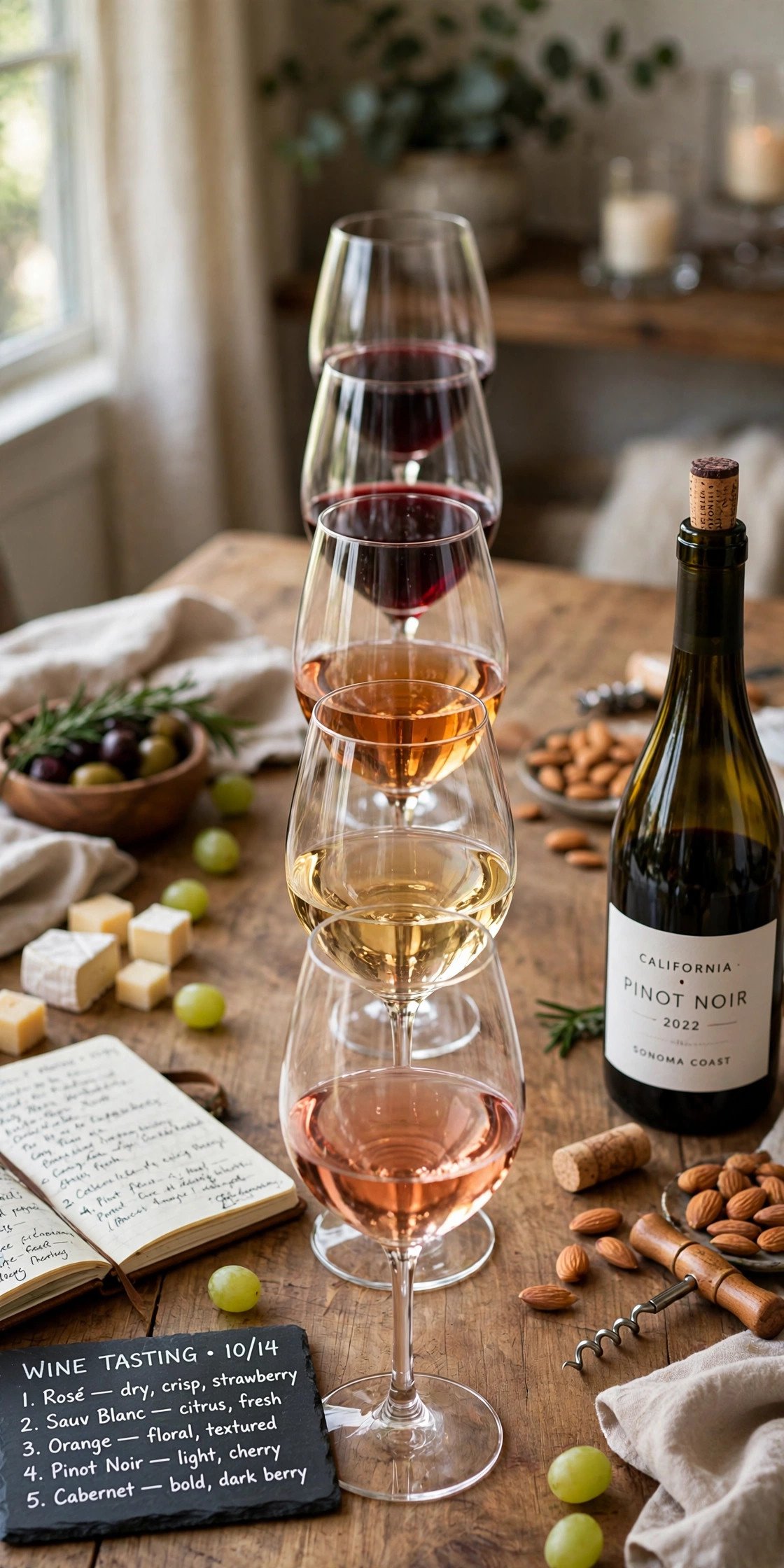 At-home wine tasting with glasses lined up on a table