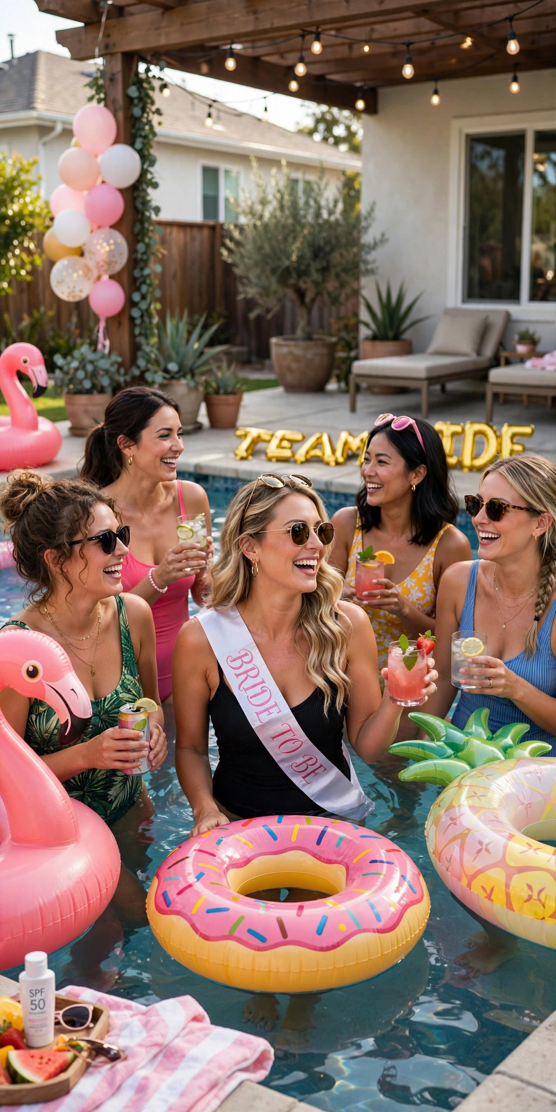 Bachelorette pool party with floats at a friend's house