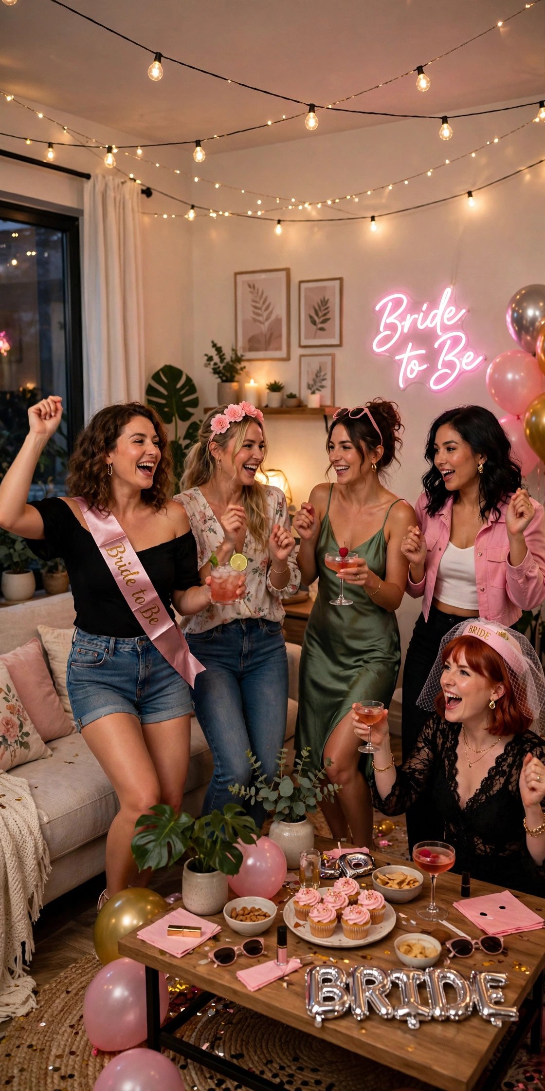 Bachelorette dance party in a living room with string lights