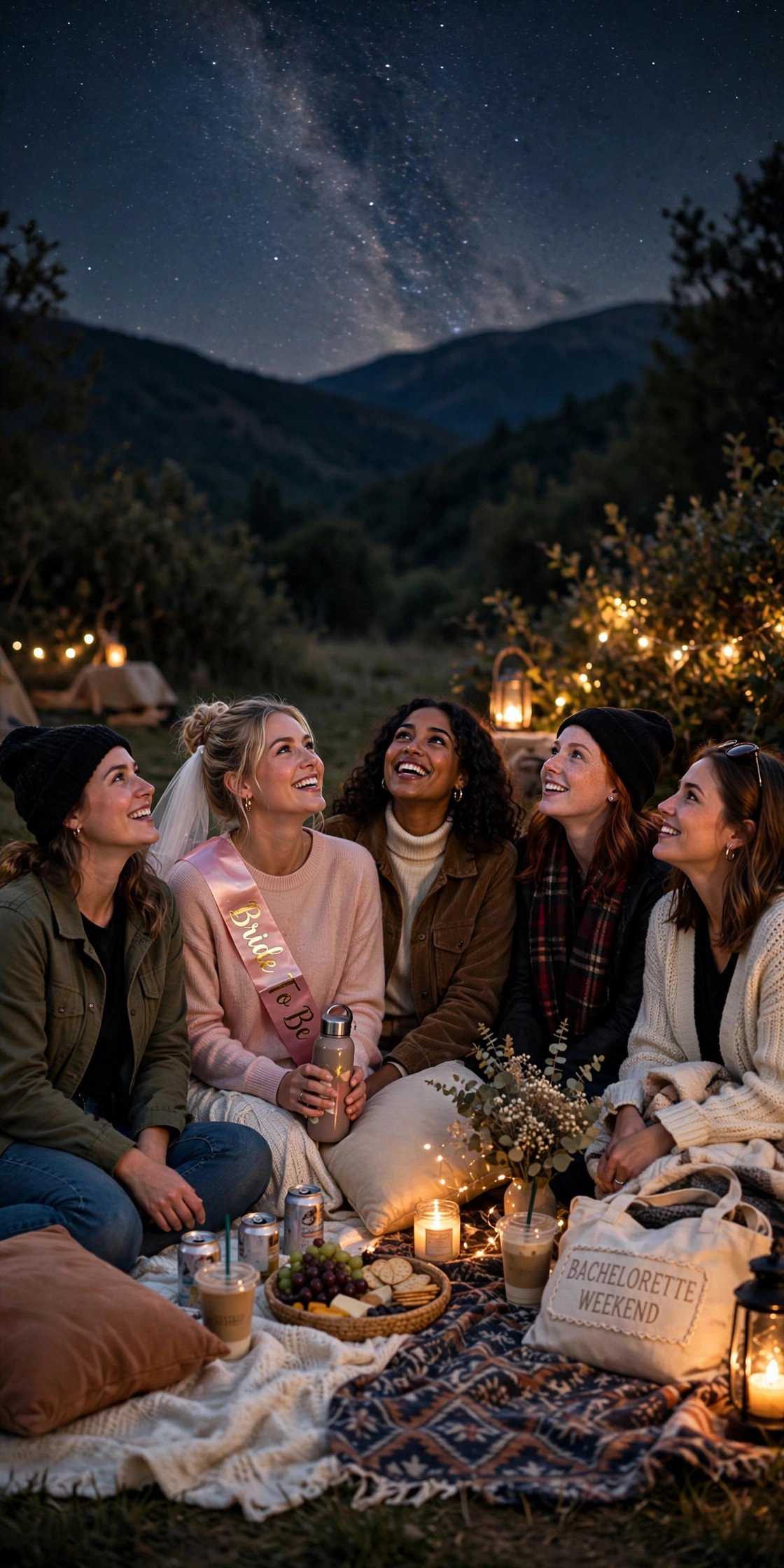 Bachelorette group stargazing on blankets at night
