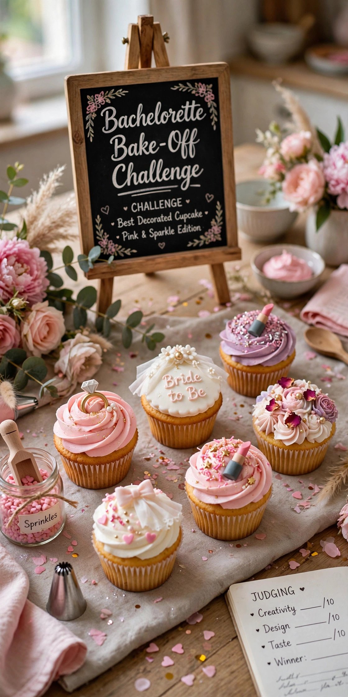 Bachelorette bake-off challenge with decorated cupcakes