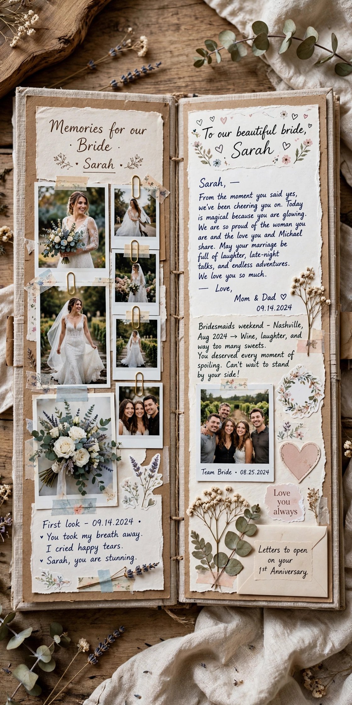 Handmade memory book with photos and notes for the bride