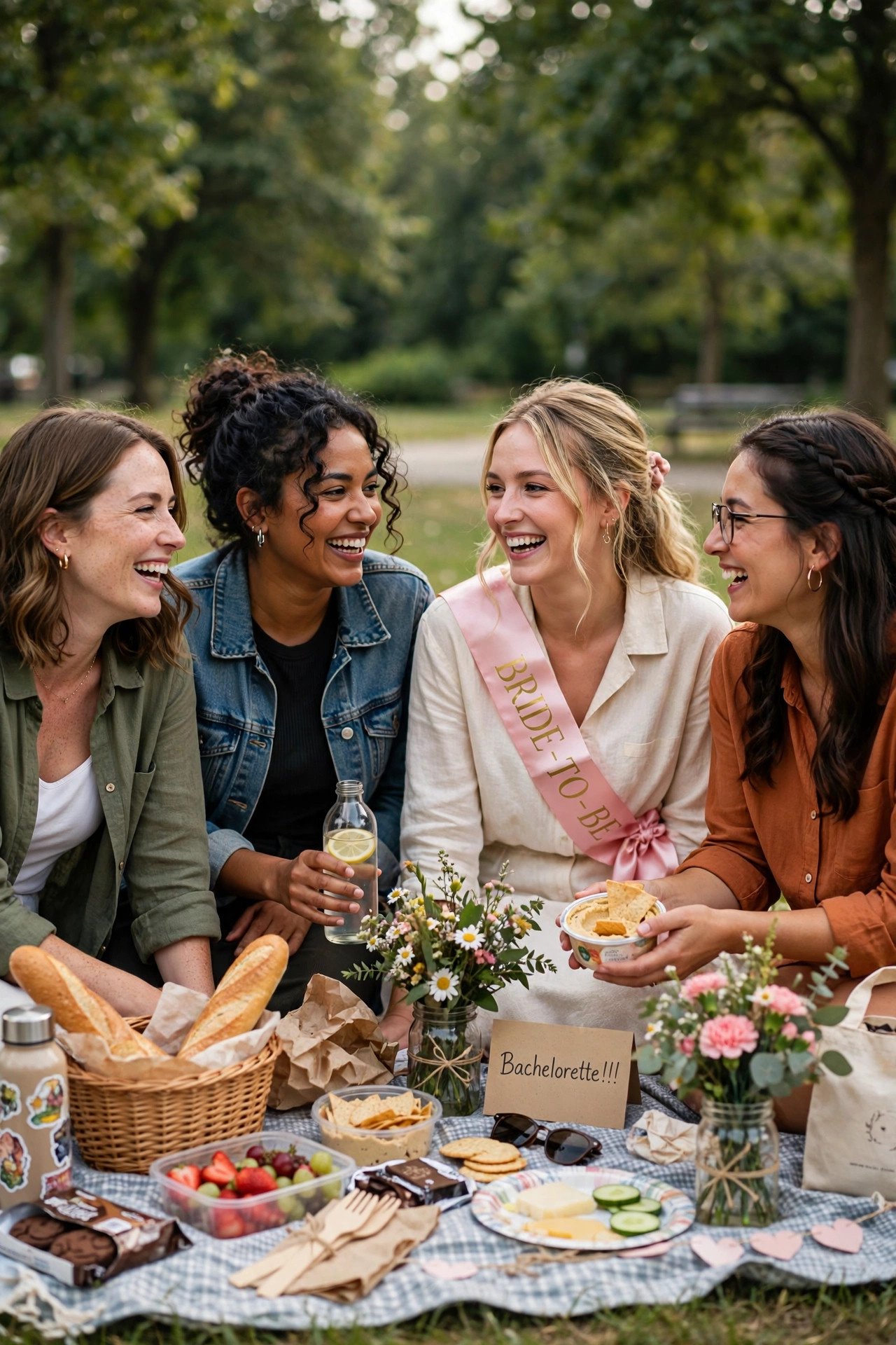 Friends enjoying a budget bachelorette picnic in the park