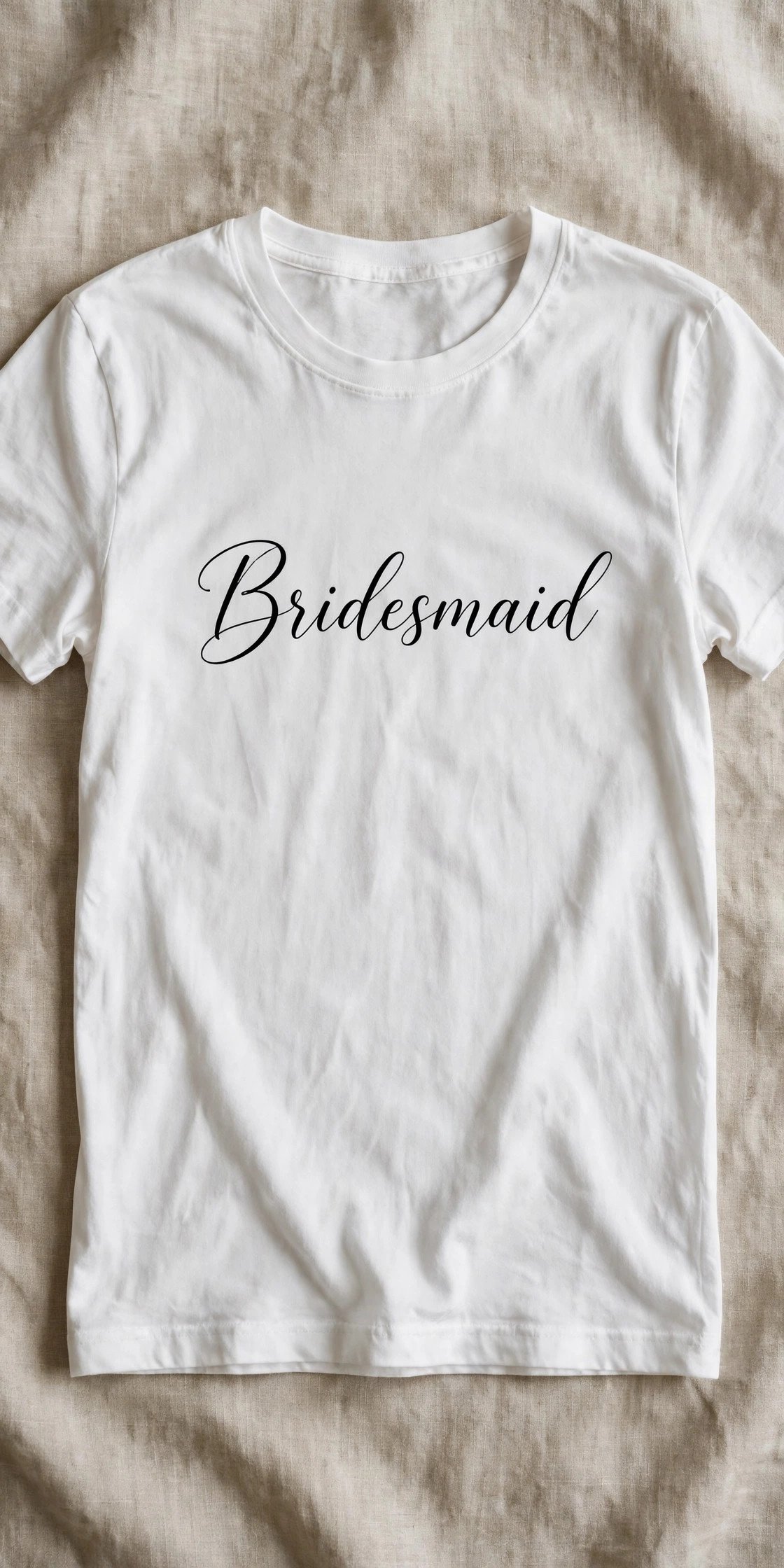 White tee with black Bridesmaid script lettering