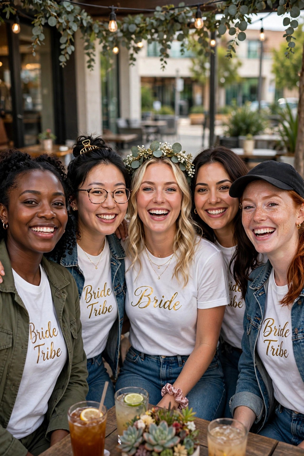 Group of friends in matching Bride Tribe shirts