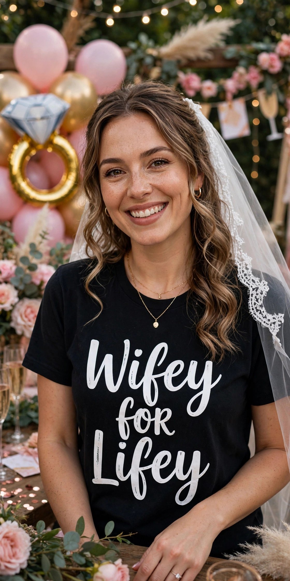 Bride wearing Wifey for Lifey shirt at bachelorette