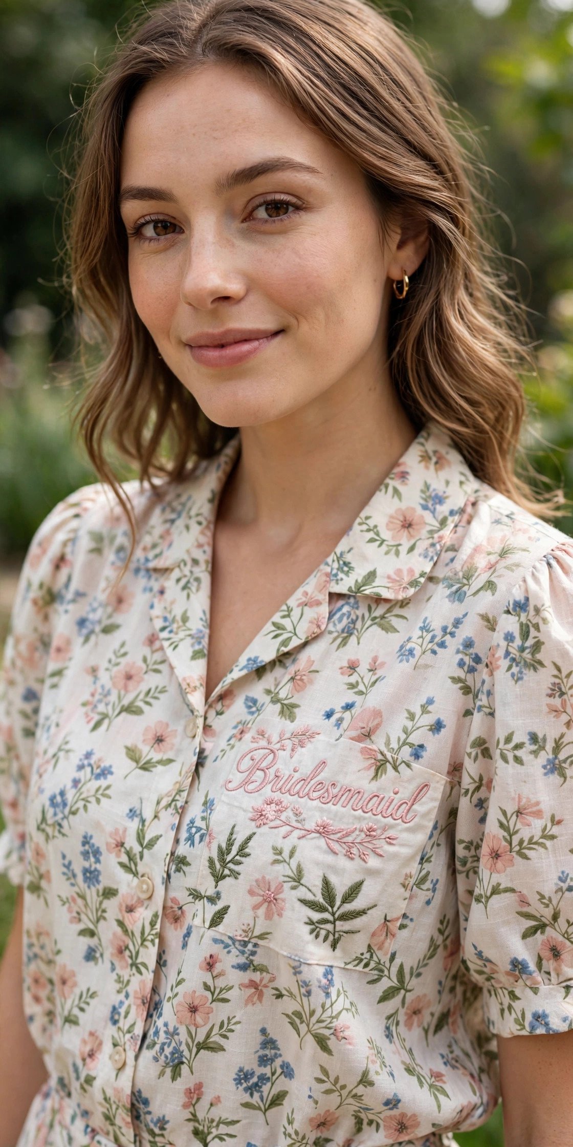 Floral blouse with embroidered Bridesmaid text