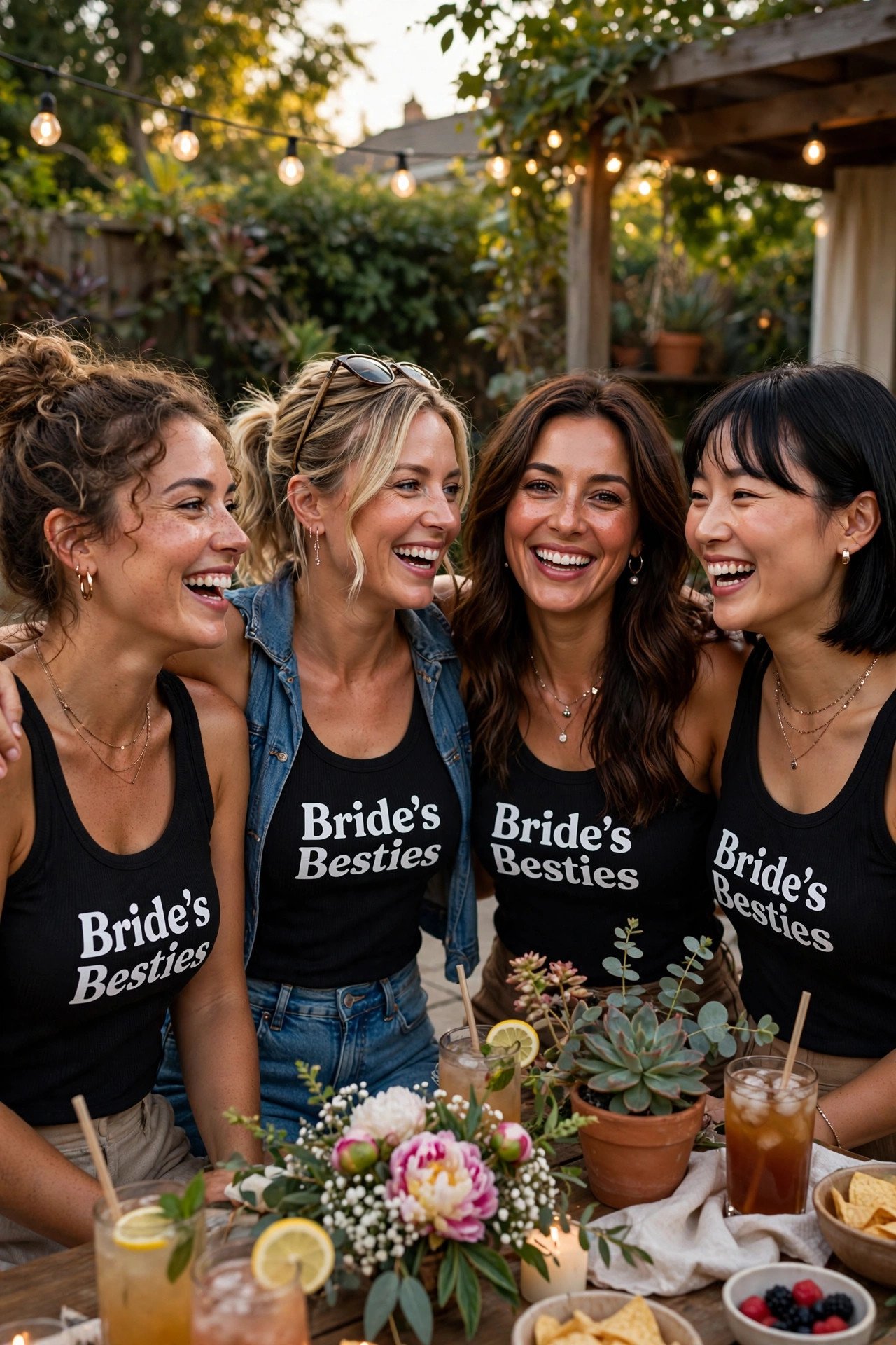 Friends in Bride's Besties tank tops at summer party