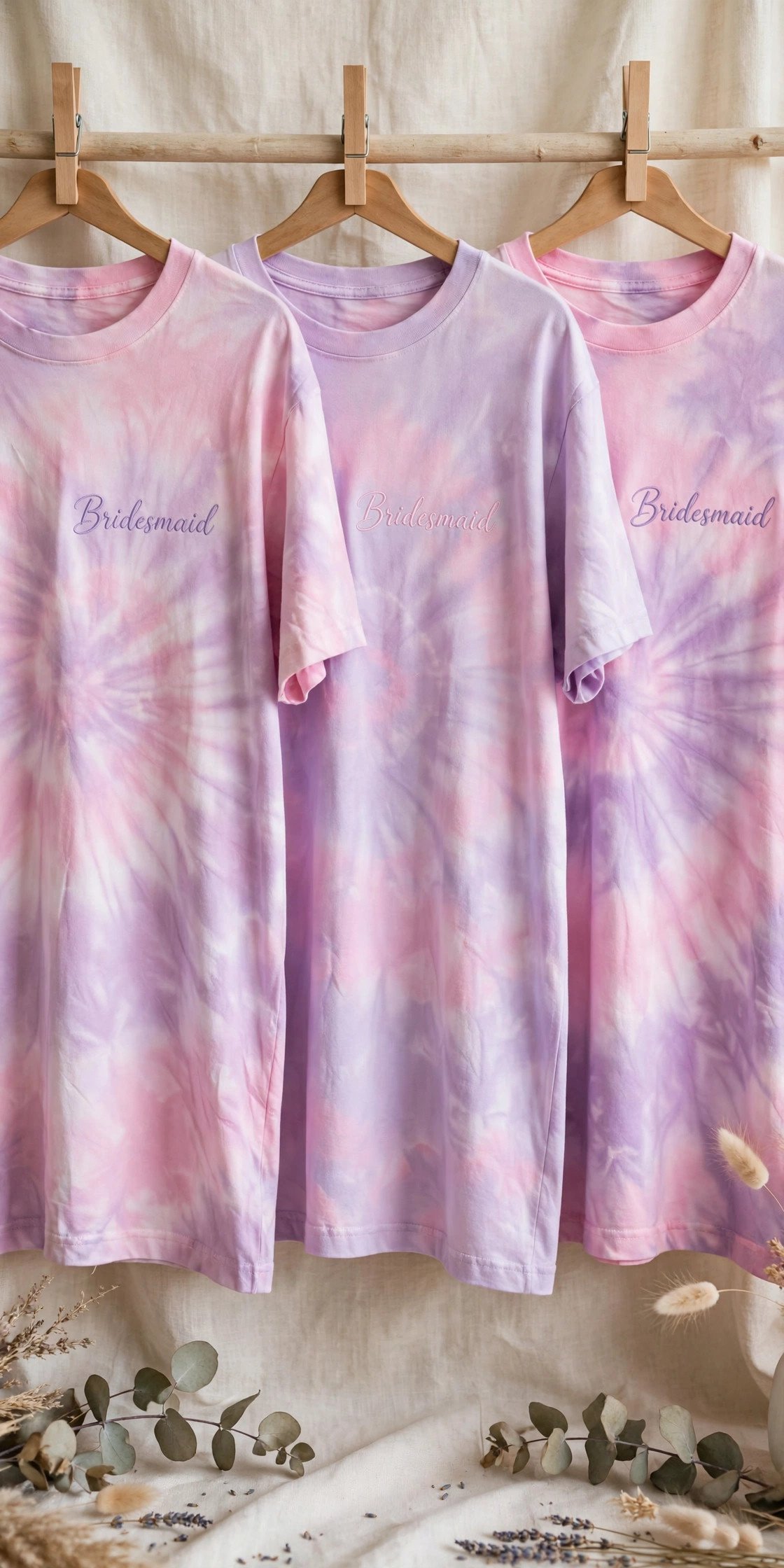 Pastel tie-dye bridesmaid tees in pink and lavender
