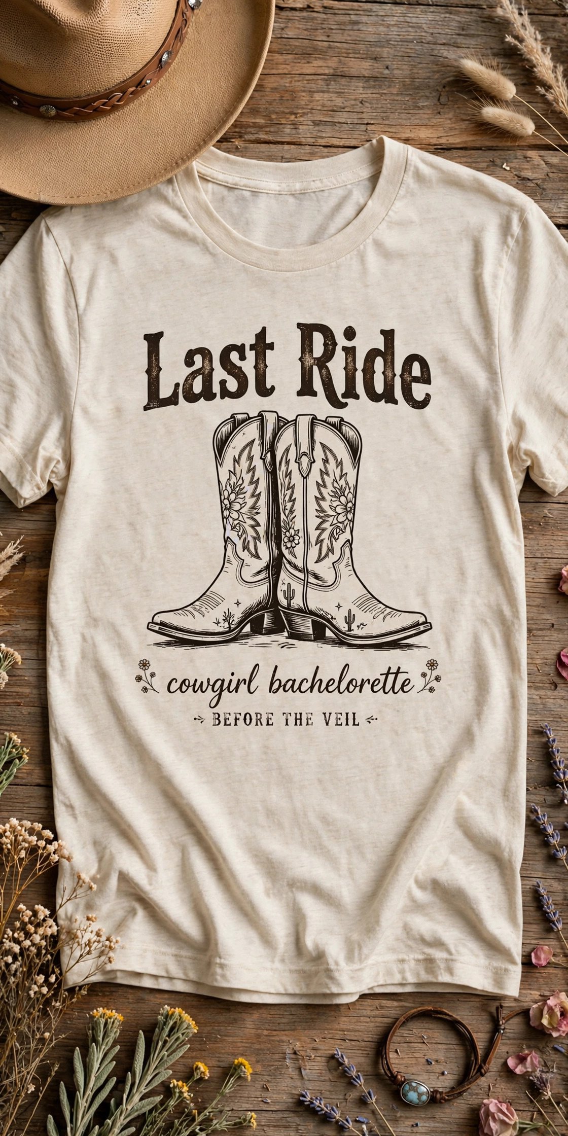Last Ride cowgirl bachelorette tee with boots graphic
