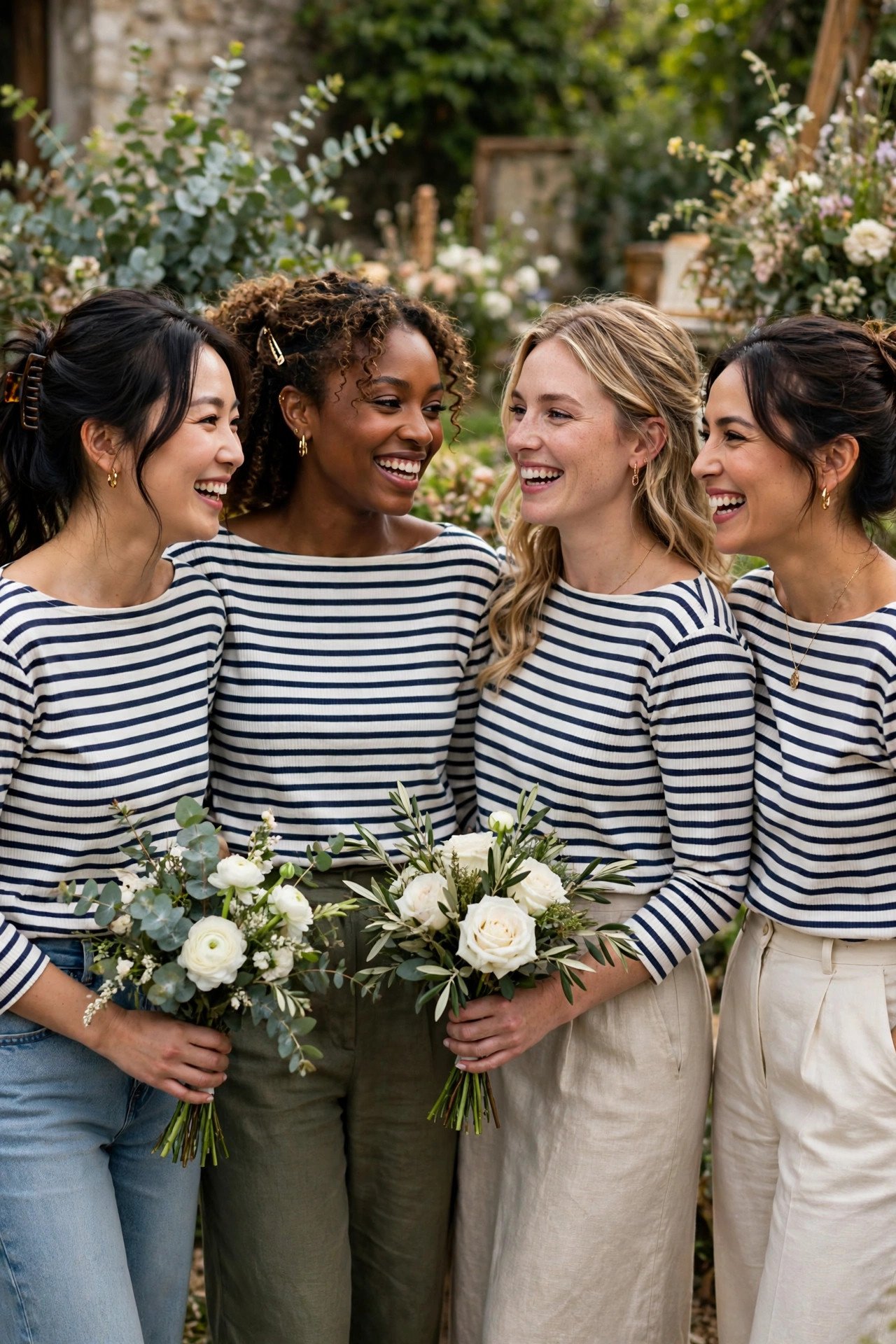 Bridesmaids in matching striped Breton tops