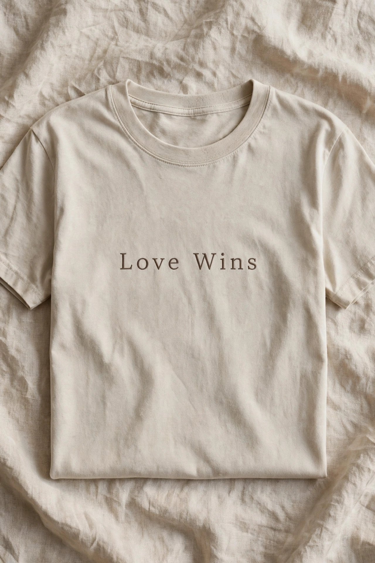 Minimalist Love Wins tee in neutral tone