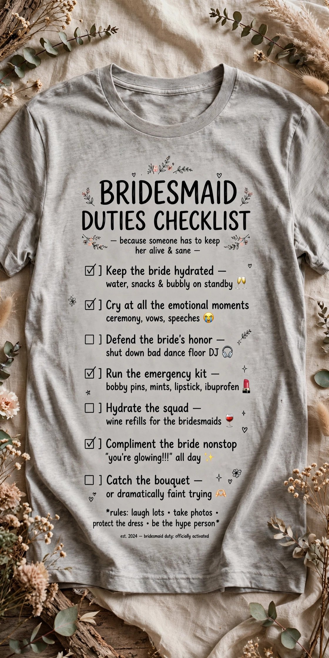 Funny bridesmaid duties checklist tee