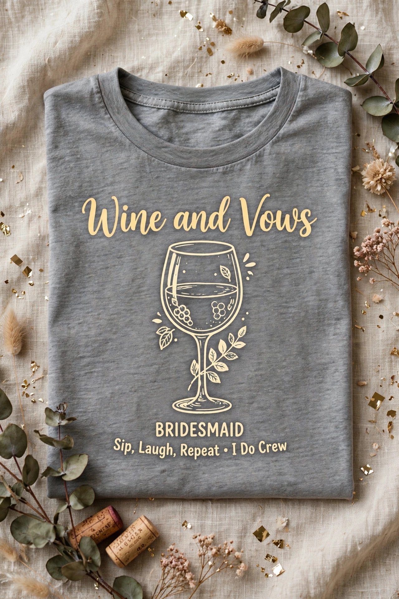 Wine and Vows funny bridesmaid tee with wine glass graphic