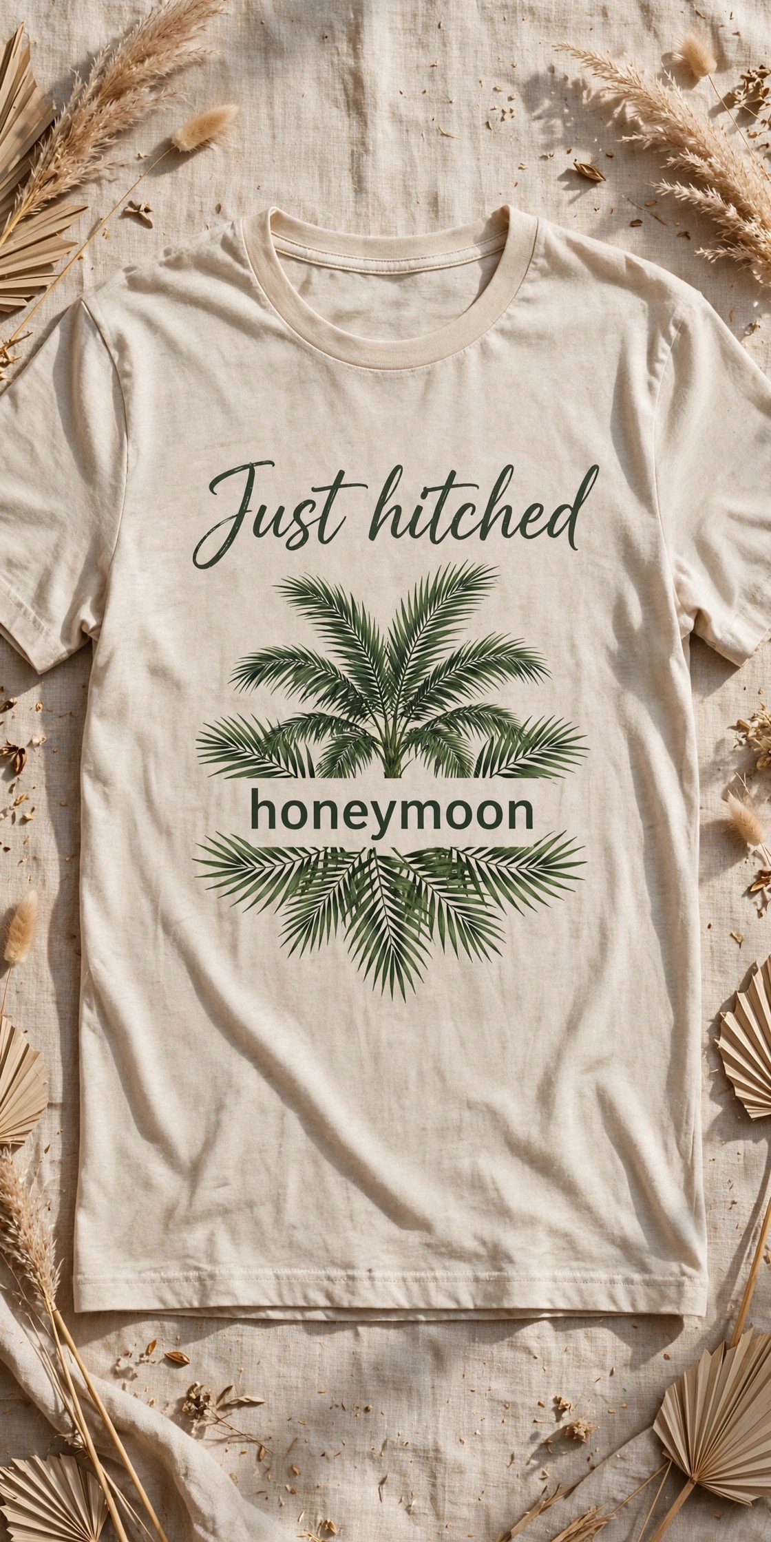 Just hitched honeymoon tee with palm graphic