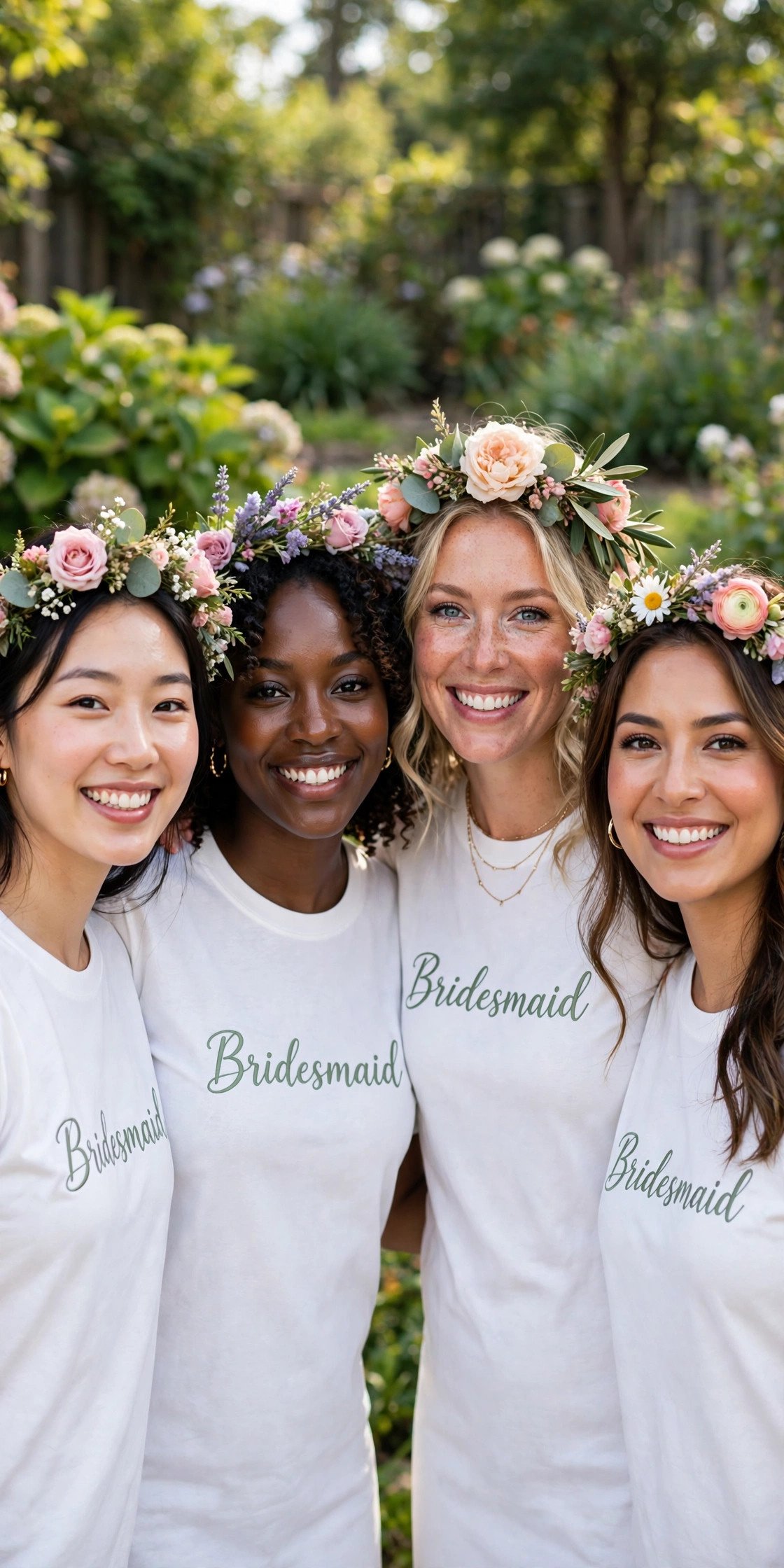 Bridesmaids wearing flower crowns with matching tees