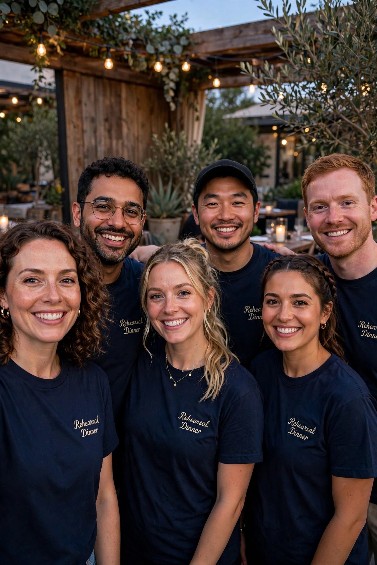 Wedding party in matching rehearsal dinner shirts