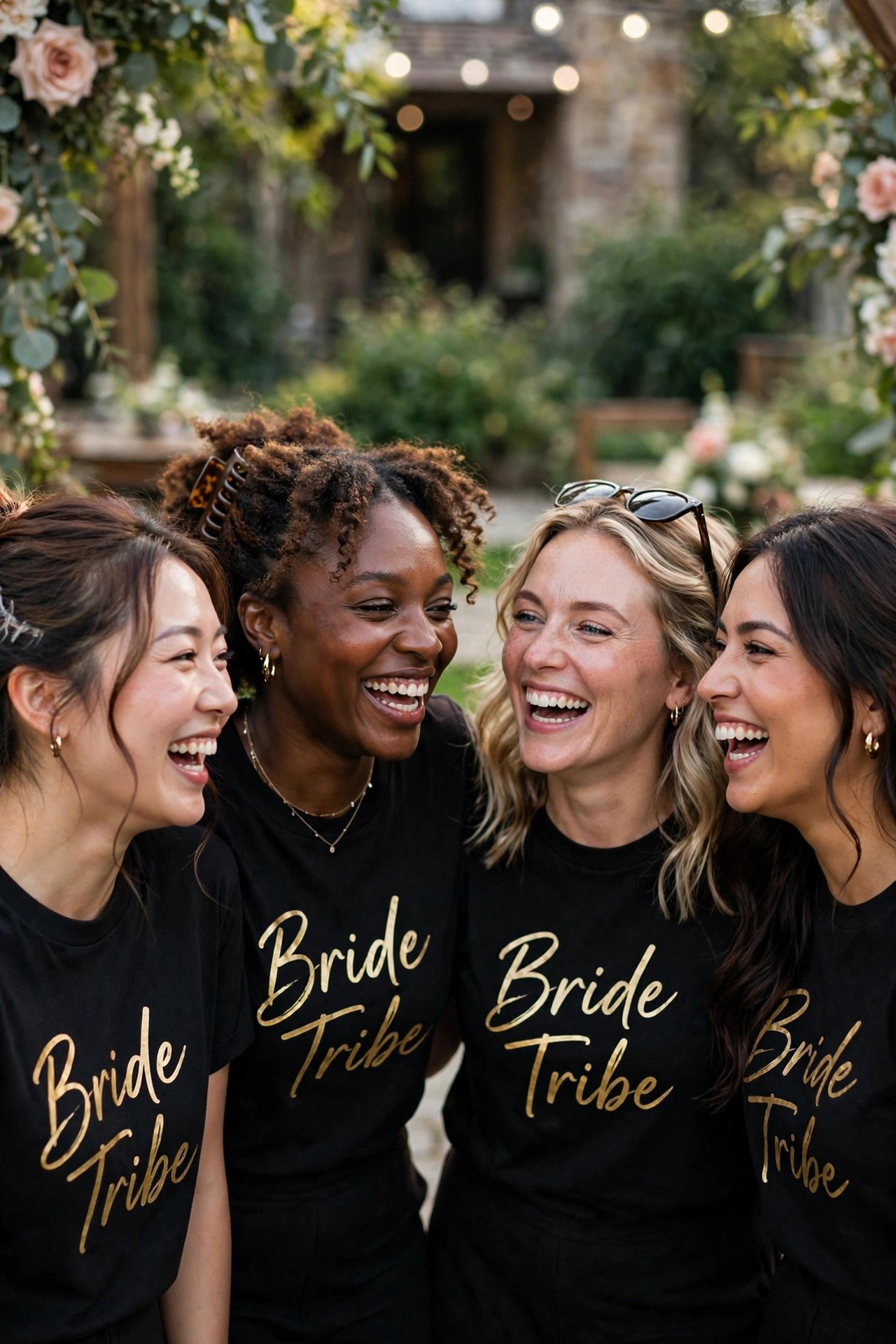 Bridesmaids in matching Bride Tribe shirts laughing together