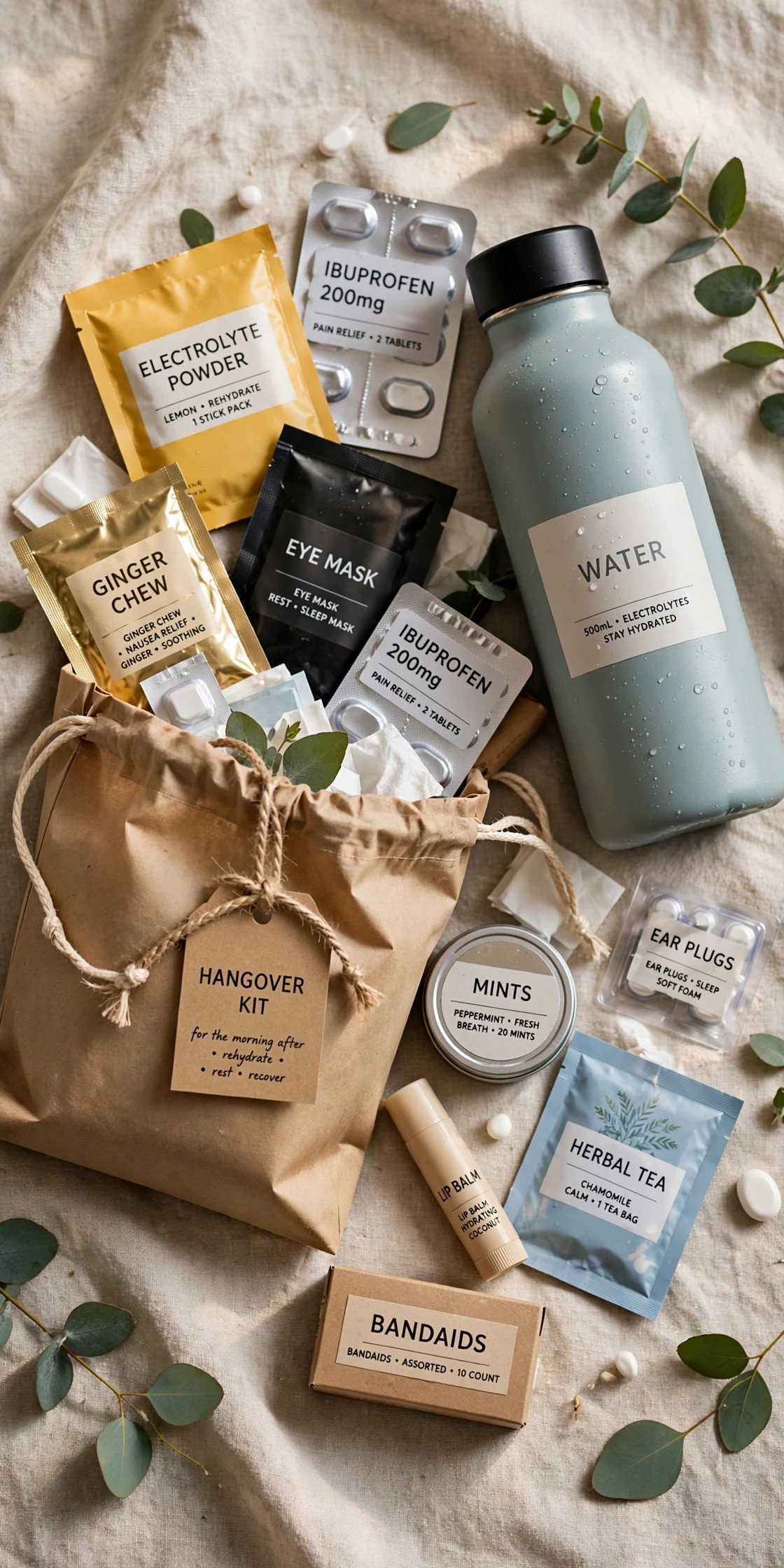 Hangover kit favor bag with remedies and water bottle