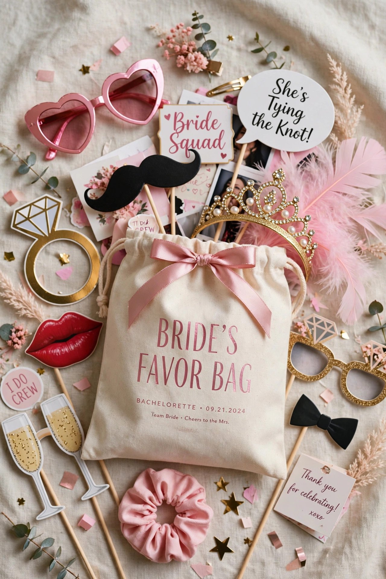 Photo booth props in a bachelorette favor bag