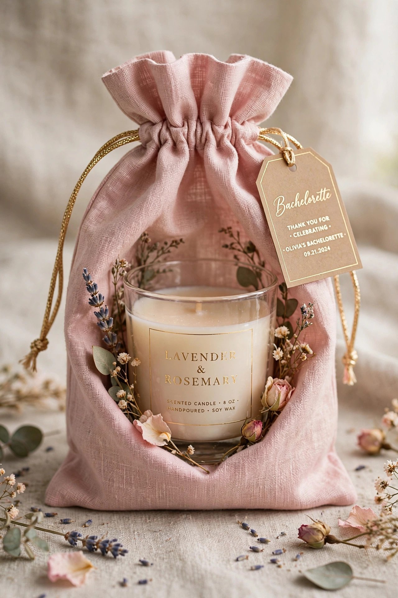Scented candle in an elegant bachelorette favor bag