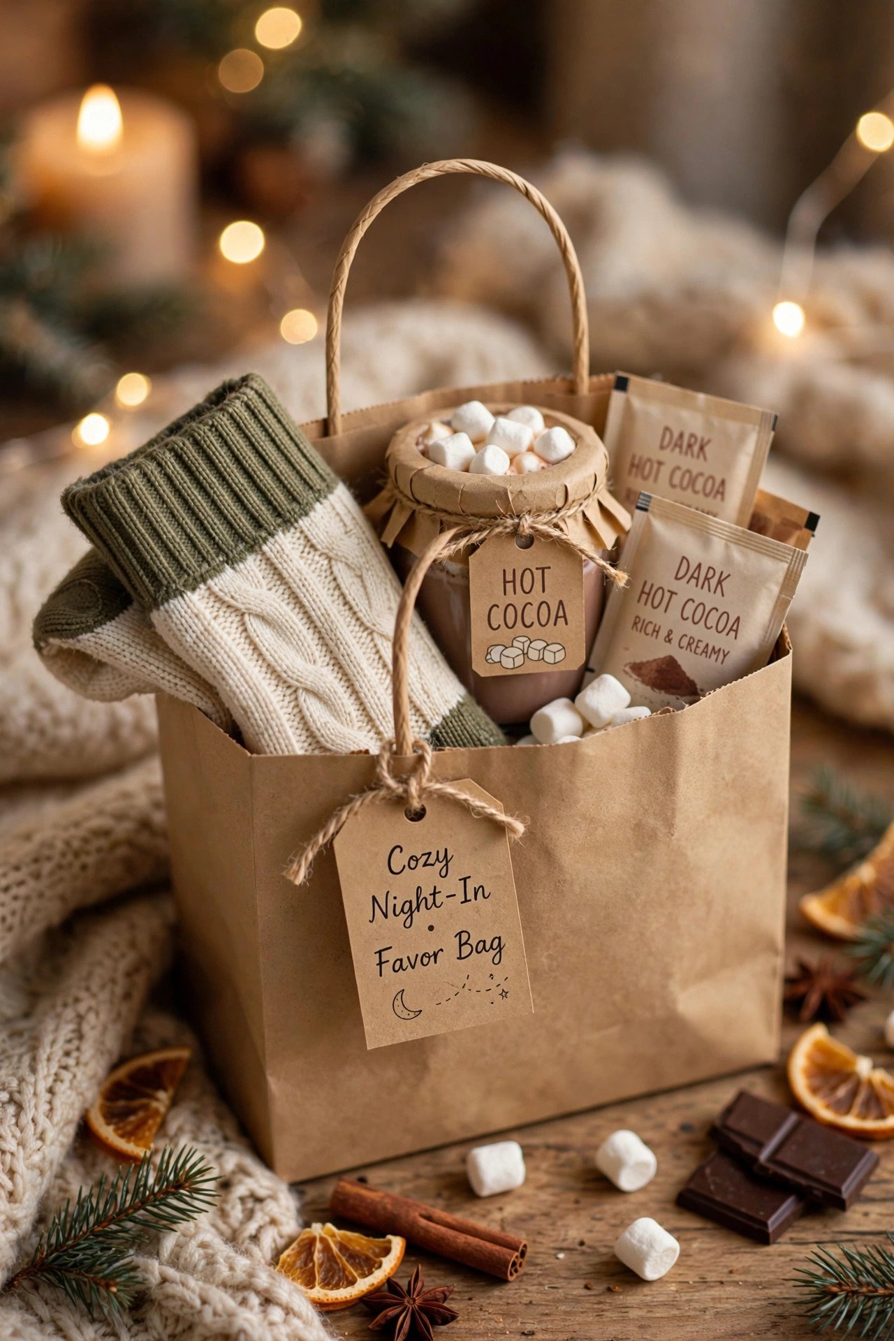 Cozy night-in favor bag with socks and hot cocoa