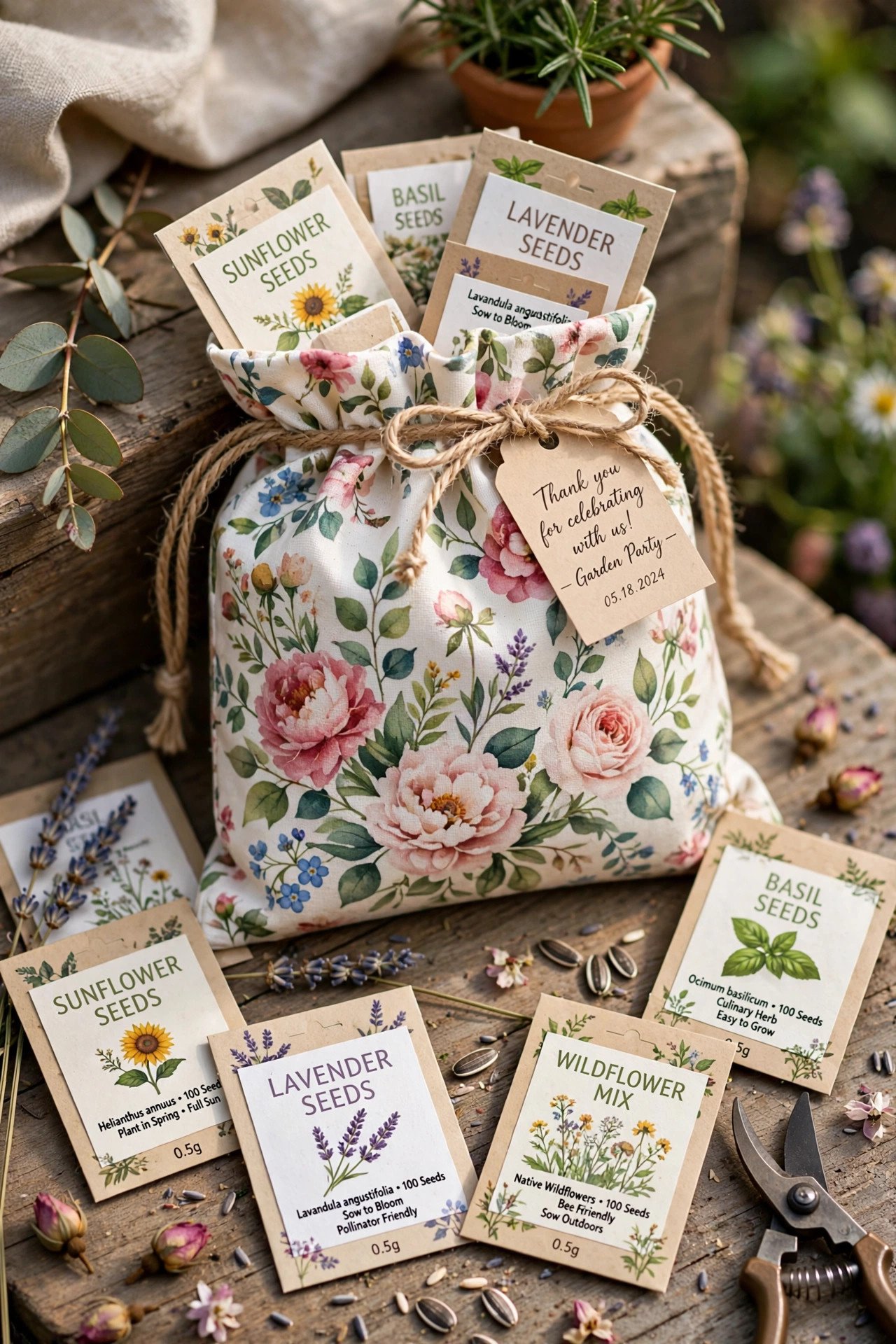 Floral garden party favor bag with seed packets