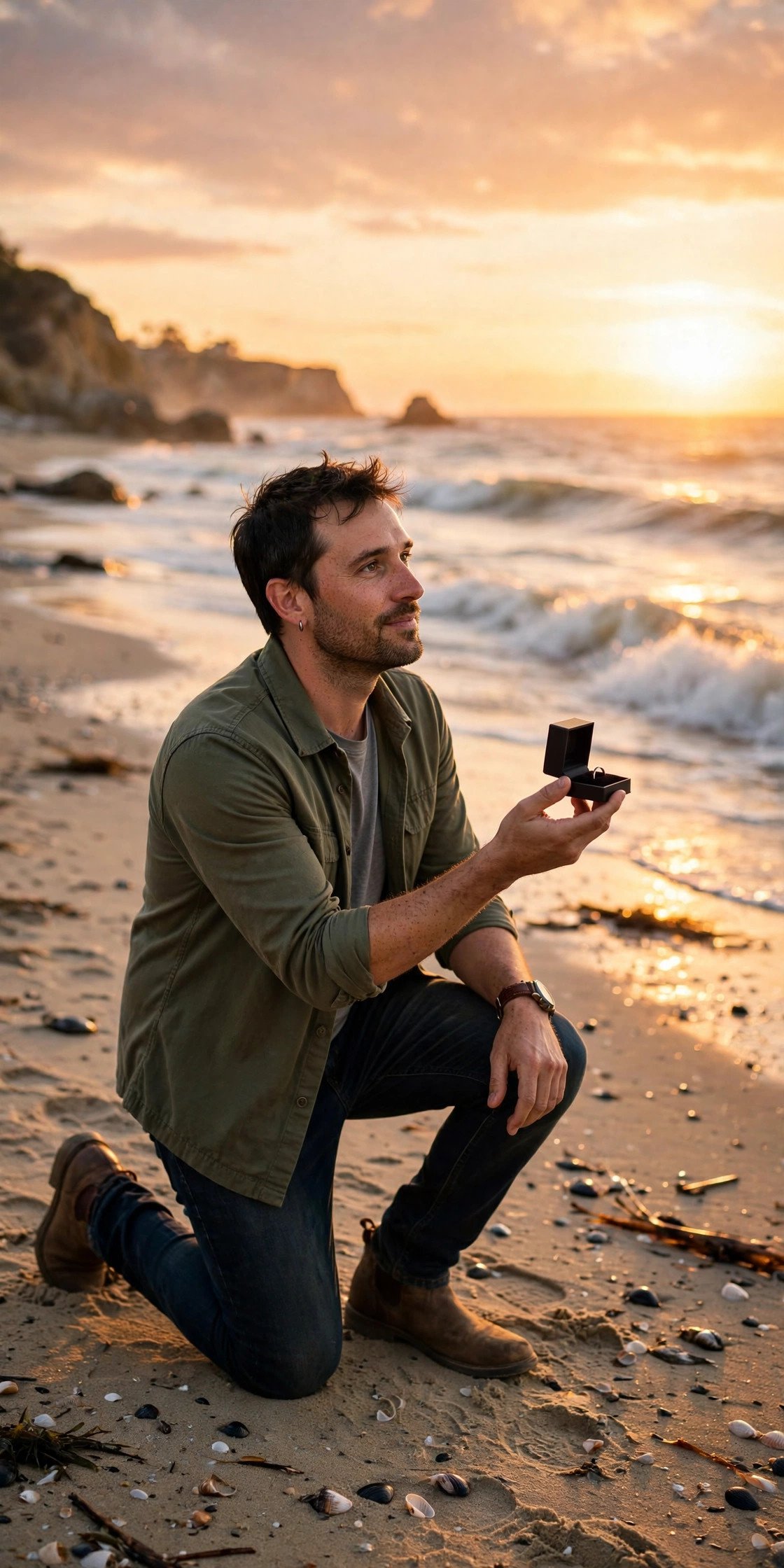 Man proposing on one knee on the beach at sunset