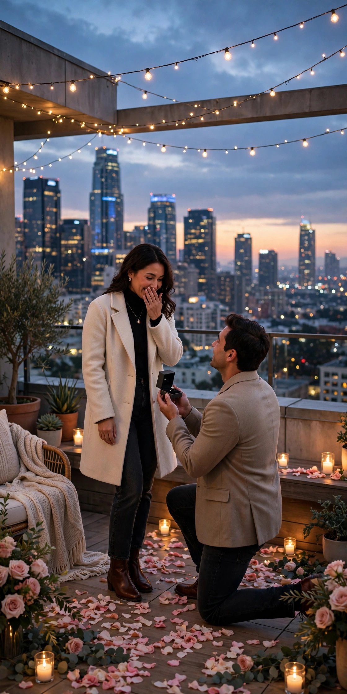 Rooftop proposal with city skyline at dusk