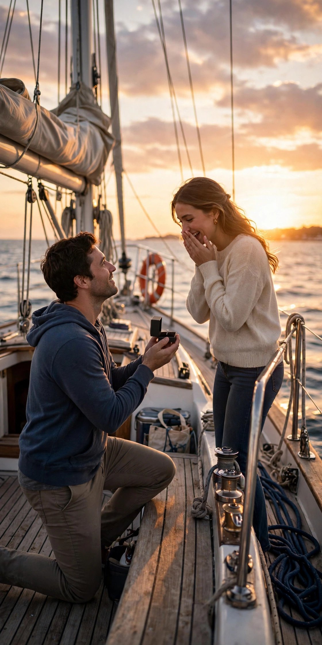 Proposal on a sailboat deck at sunset