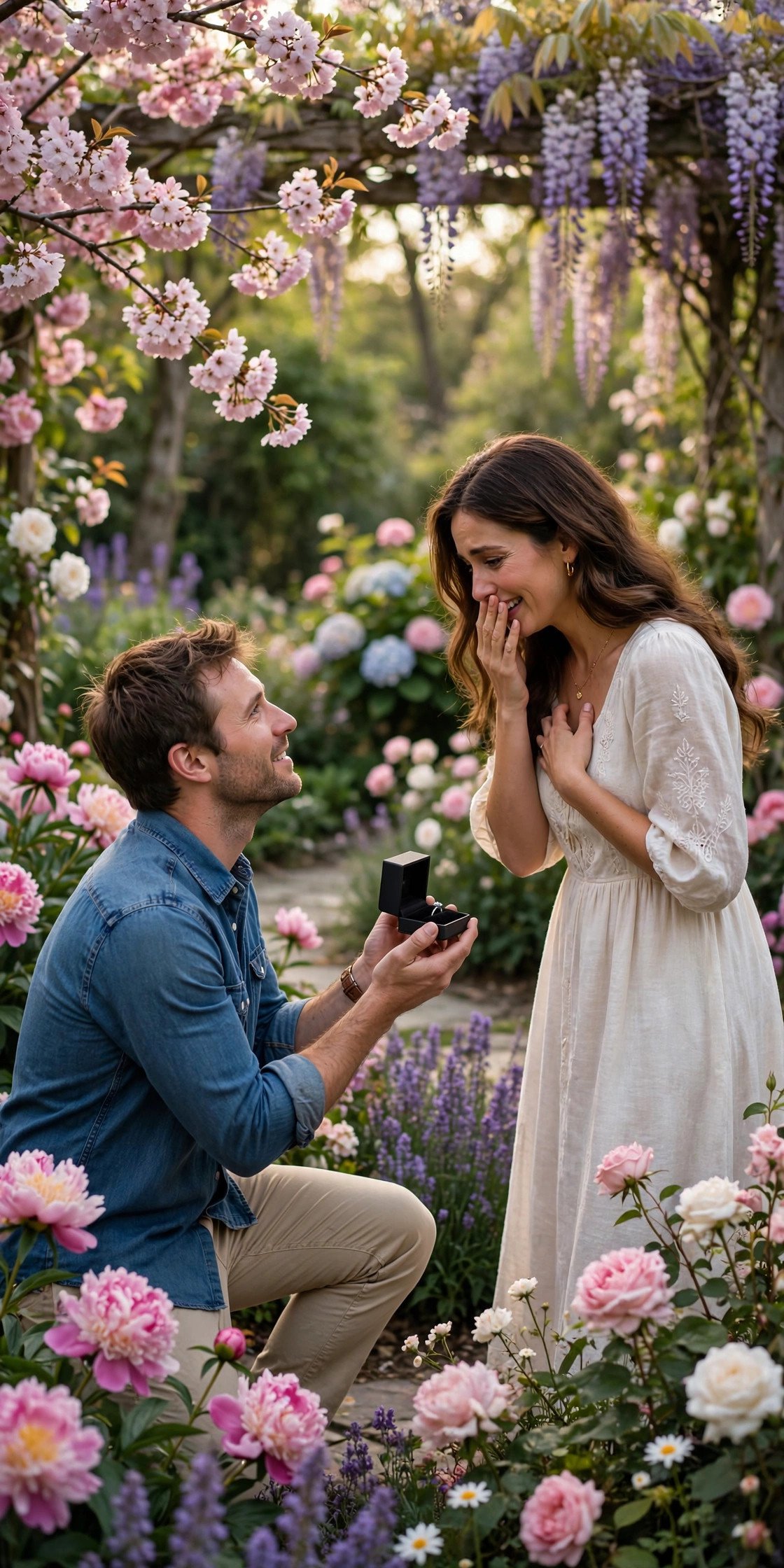 Garden proposal among blooming flowers