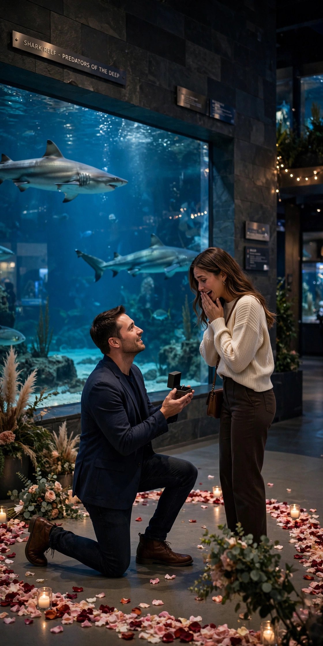 Aquarium proposal in front of a shark tank