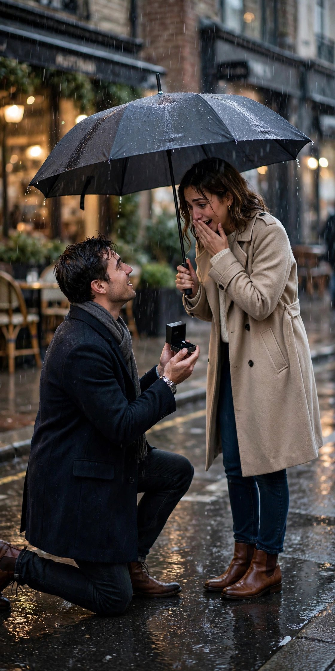 Proposal under an umbrella in the rain