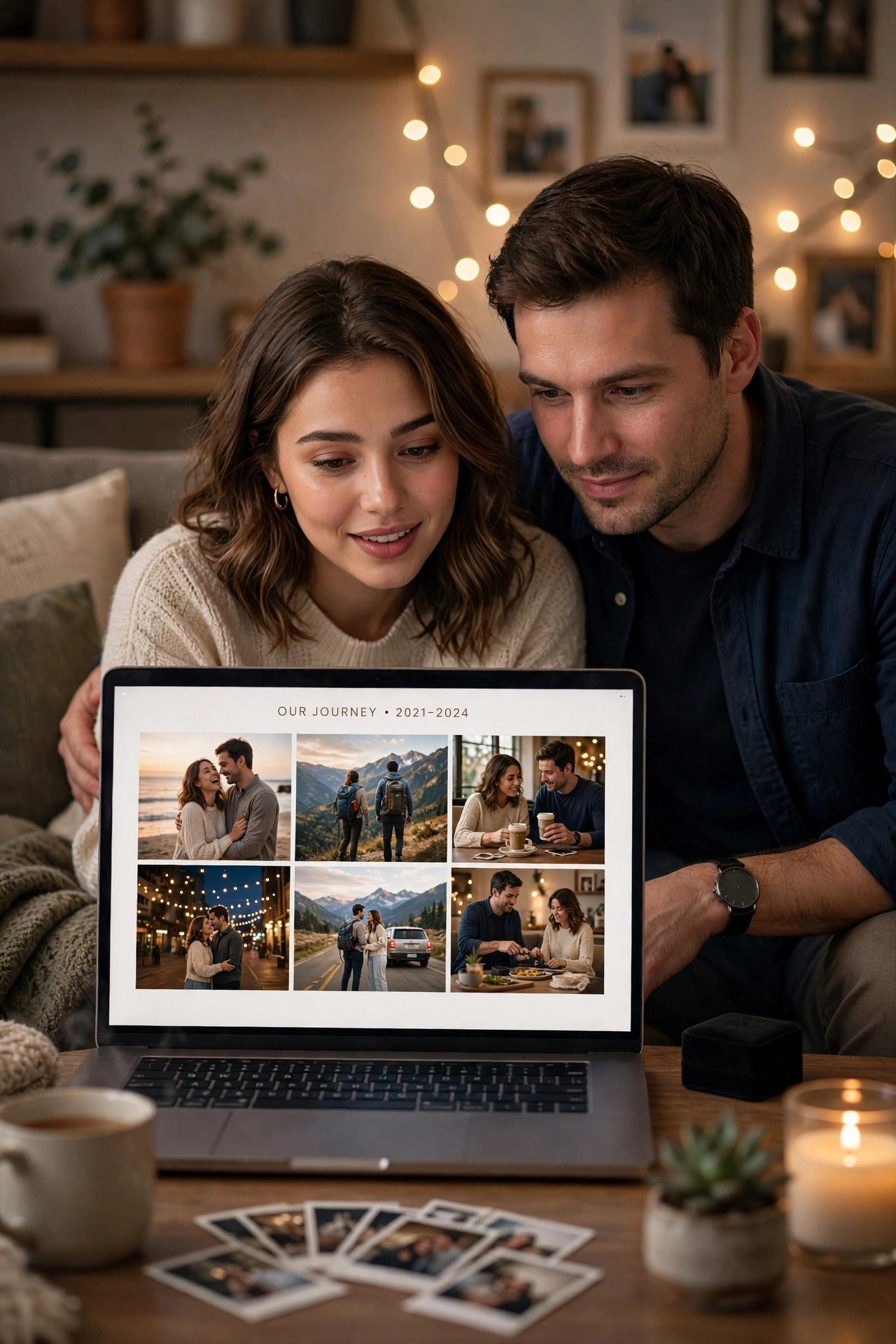 Couple watching a video montage before a proposal