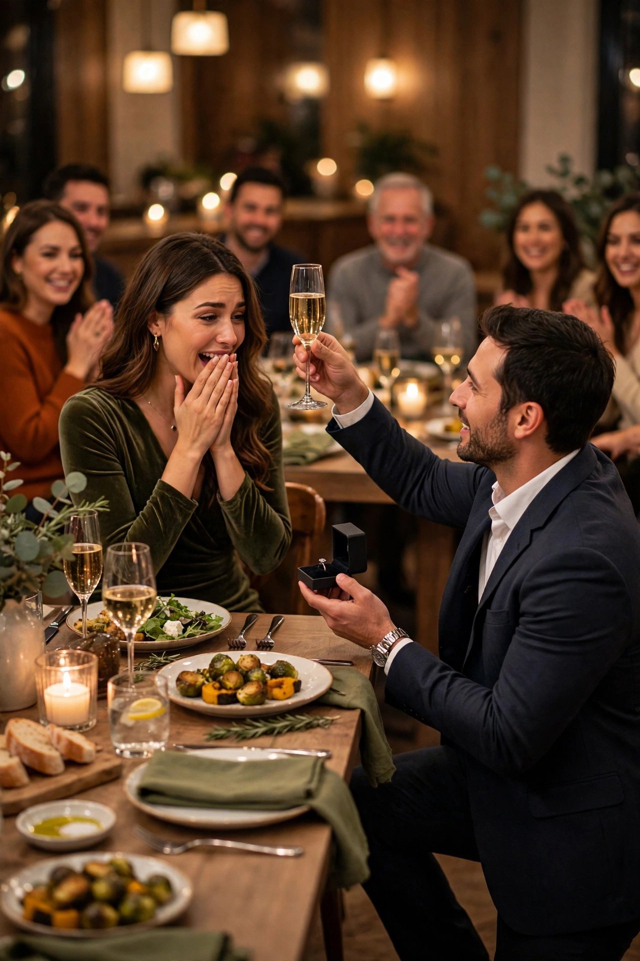 Man proposing during a toast at a dinner party