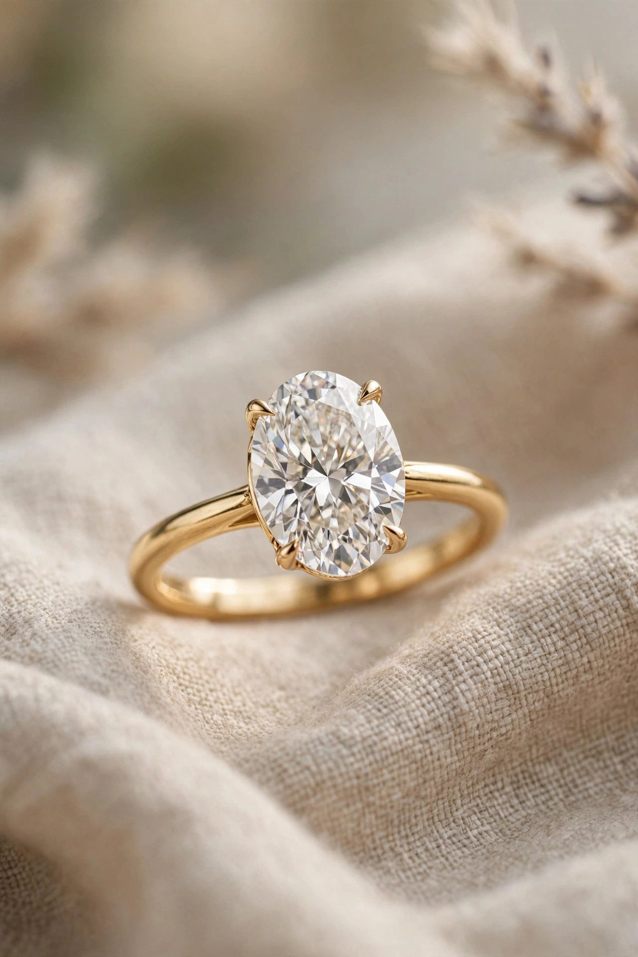 Oval diamond engagement ring on yellow gold band