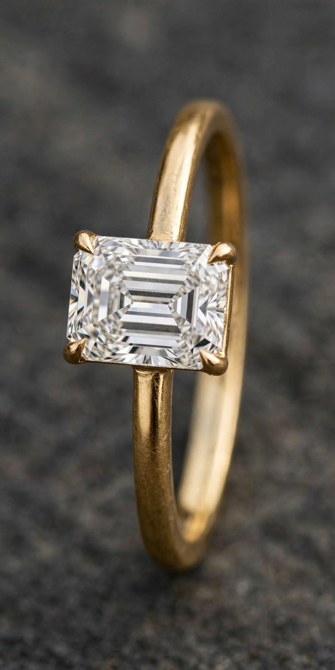 Emerald cut diamond set east-west on gold band